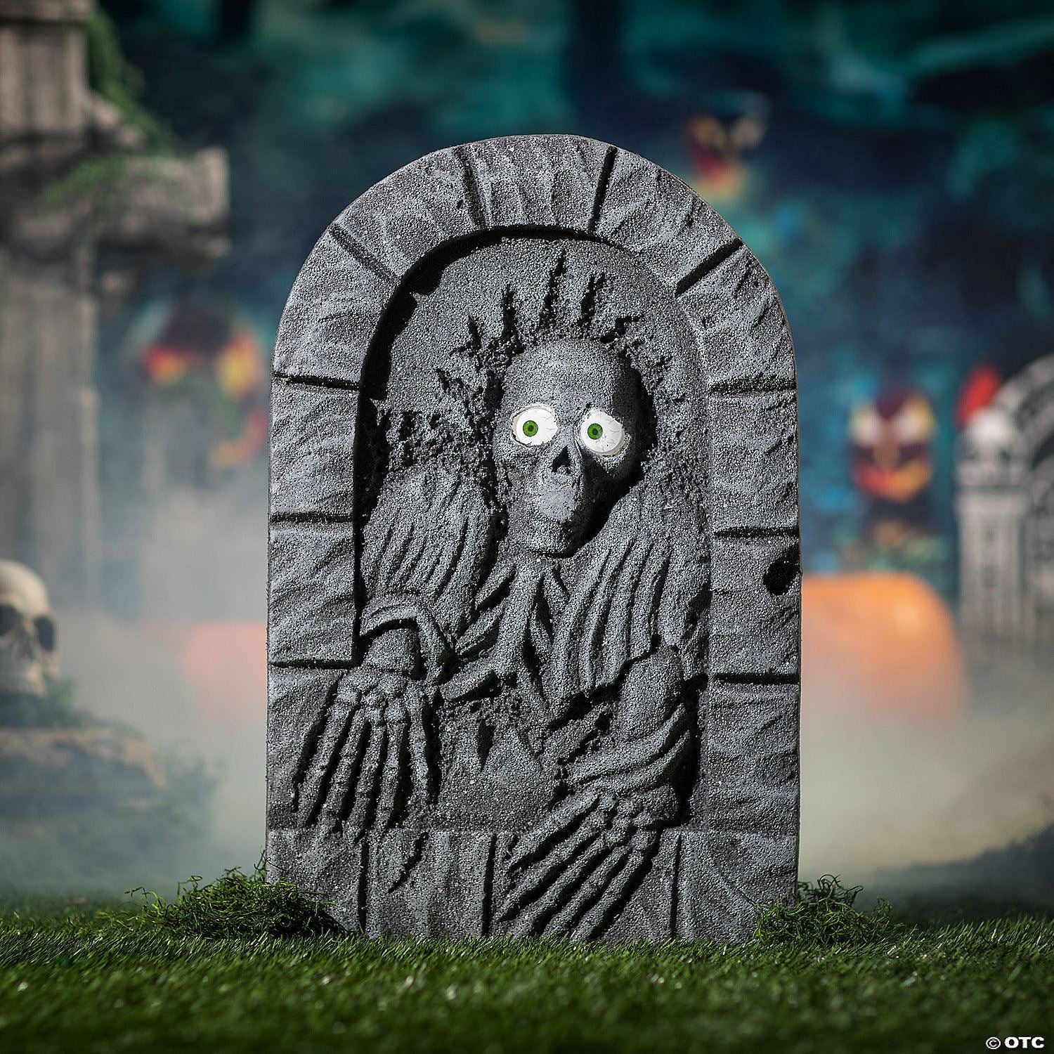 2 Ft. Gray Plastic Skeleton Tombstone with Moving Eyes Halloween Decoration