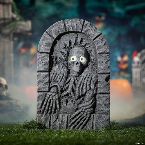 2 Ft. Gray Plastic Skeleton Tombstone with Moving Eyes Halloween Decoration