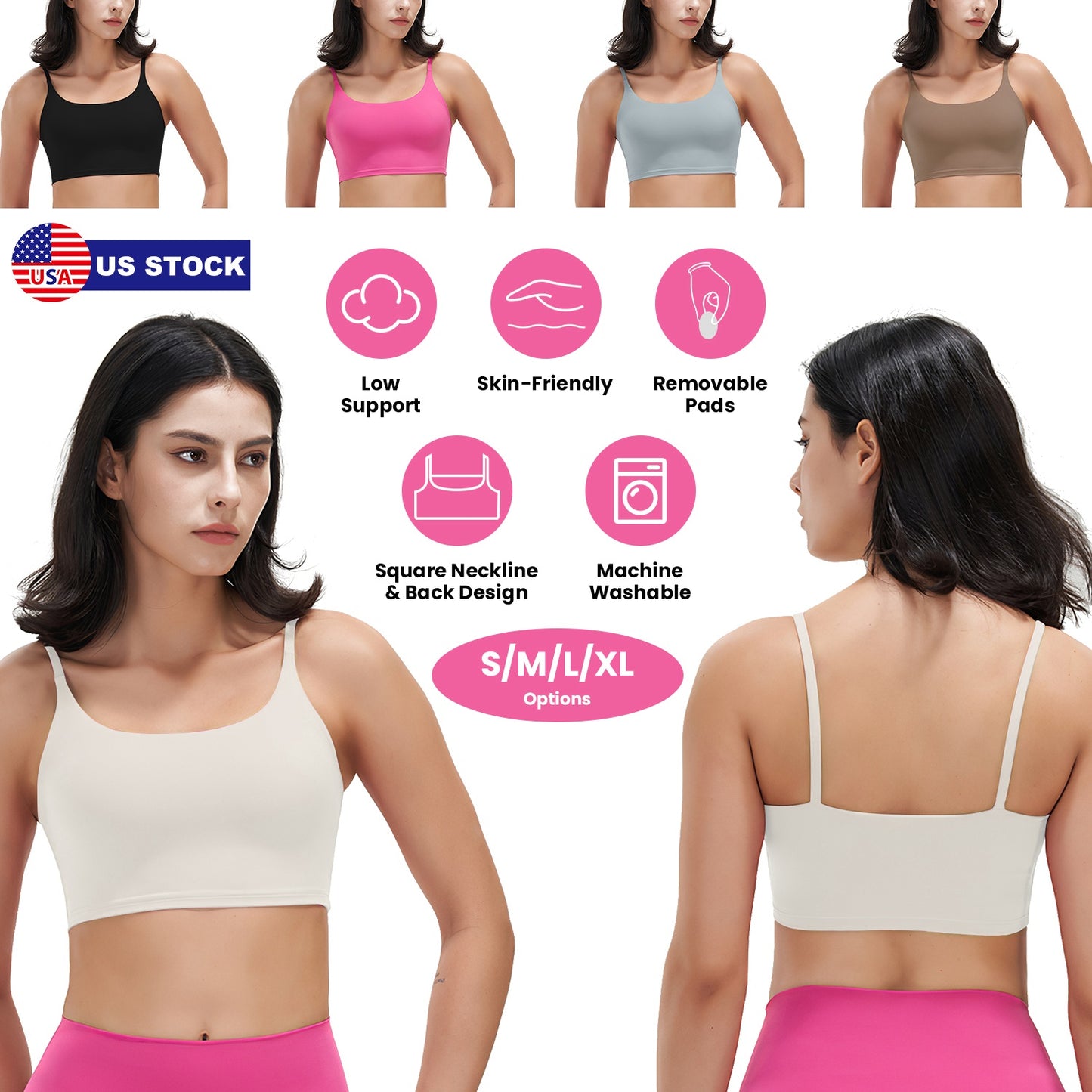 Women Strap Sport Bras Padded Strappy Crop Square Neck Low Impact Bras Sexy
