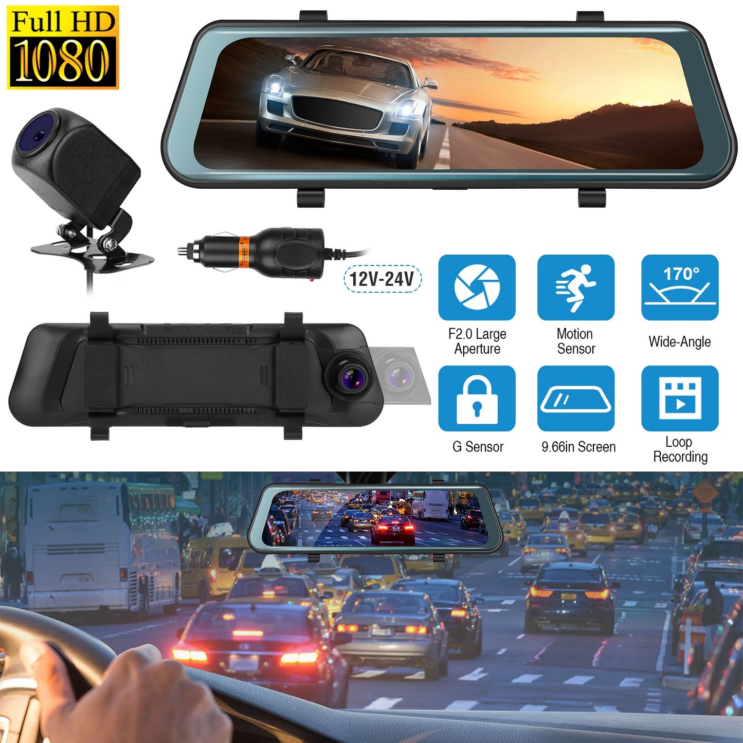 FHD 1080P Car DVR Dash Camera 9.66In Vehicle Driving Recorder w/ G Sensor