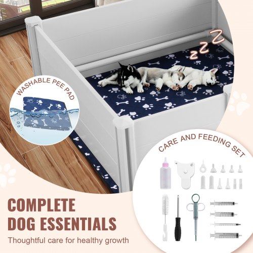 Dog Whelping Box 93.3 x 48.4 x 18.1in Dual Zone PVC with Rails Pee Pad
