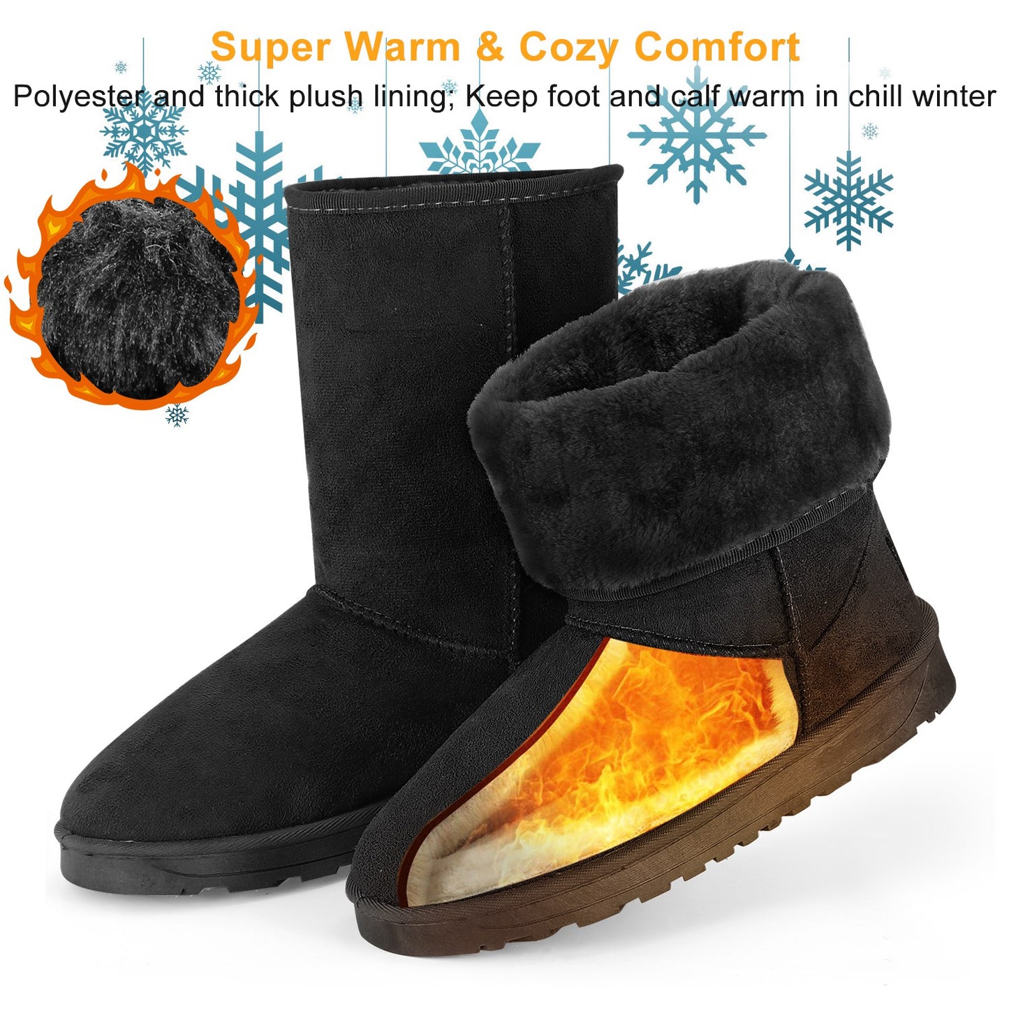 Women Ladies Snow Boots Waterproof Faux Suede Mid-Calf Boots Fur Warm Lining
