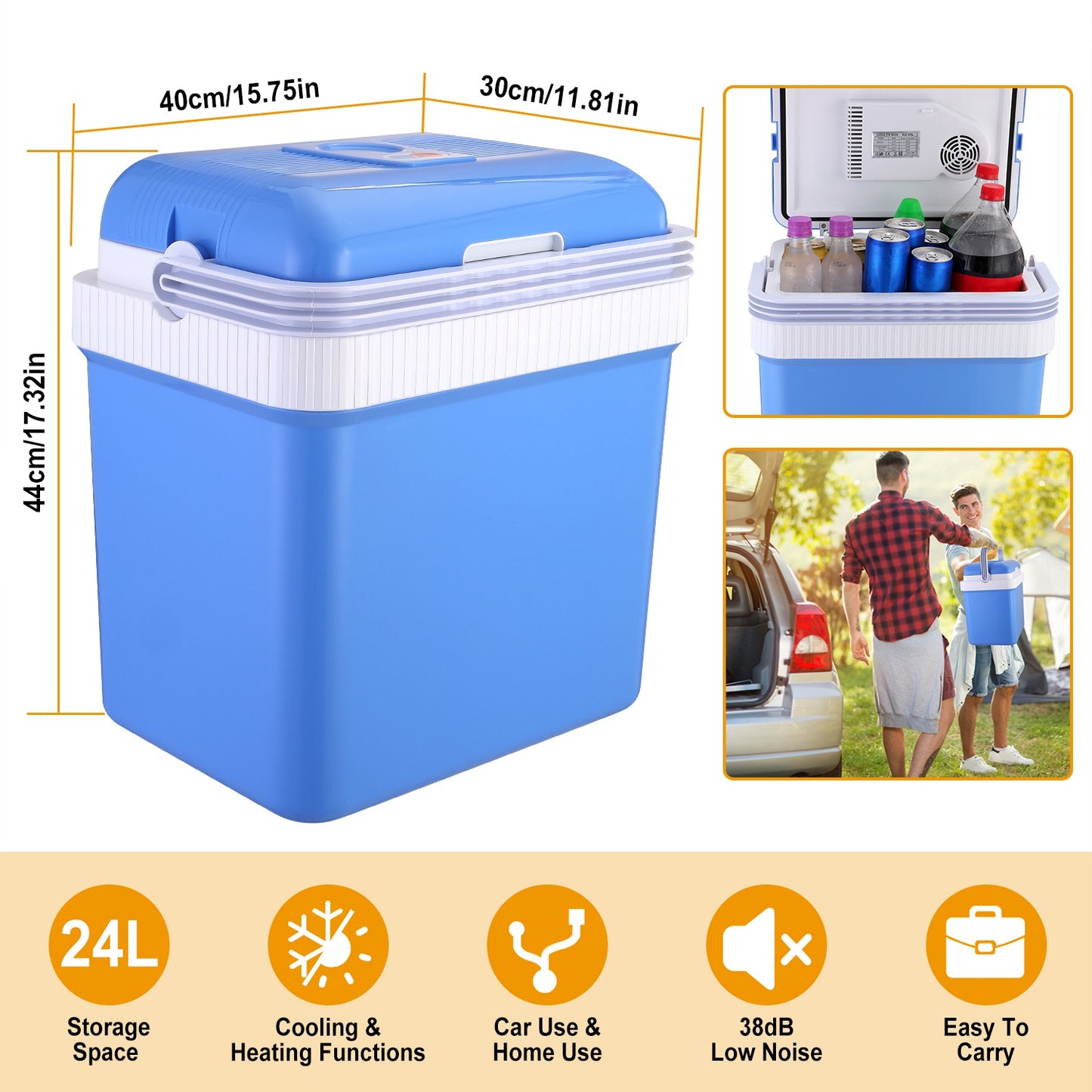 24L Portable Car Cooler 12V Car Refrigerator Travel Cooling Warmer Fridge Box