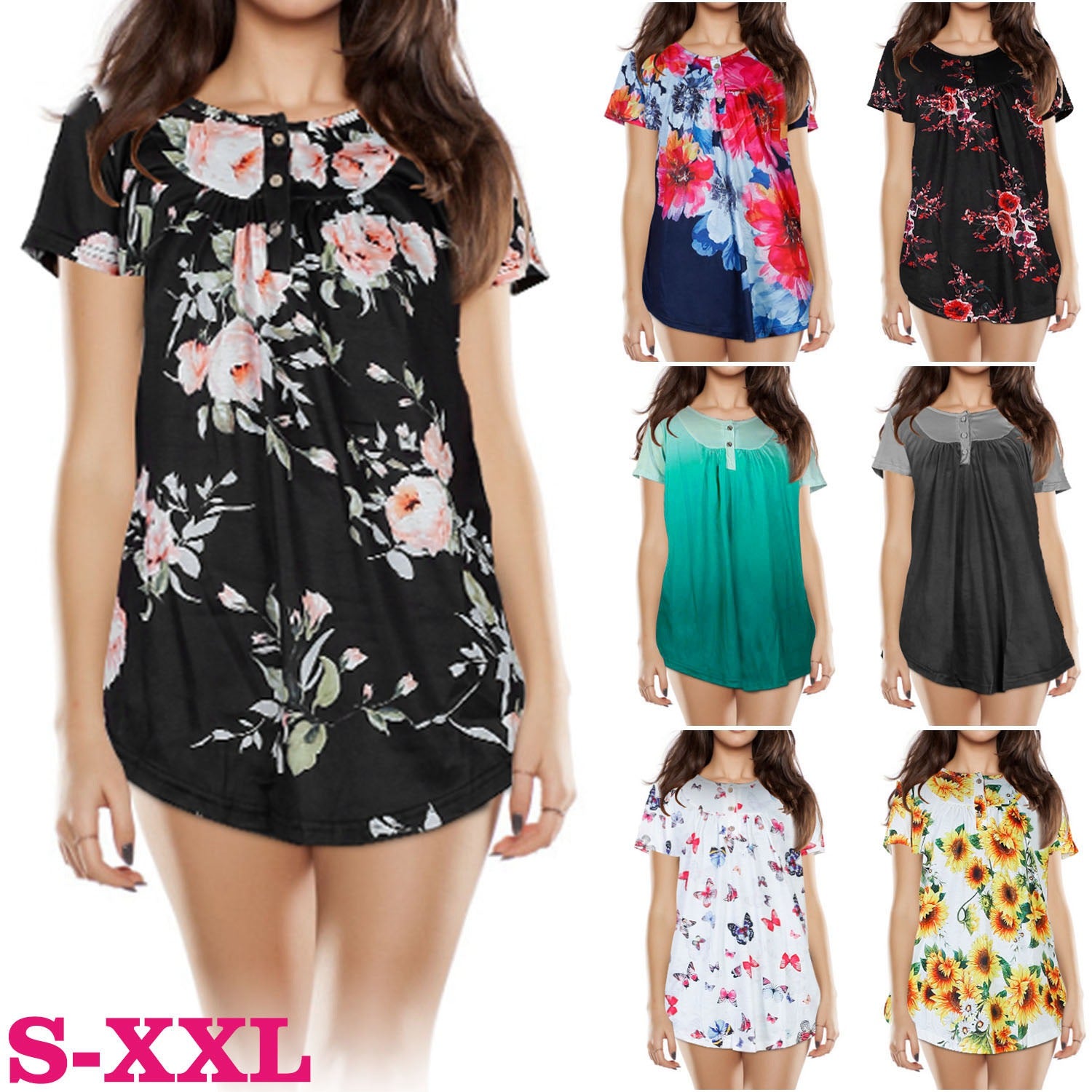 Women Summer Shirts Tops Loose Short Sleeve T Shirts Casual Floral Printed