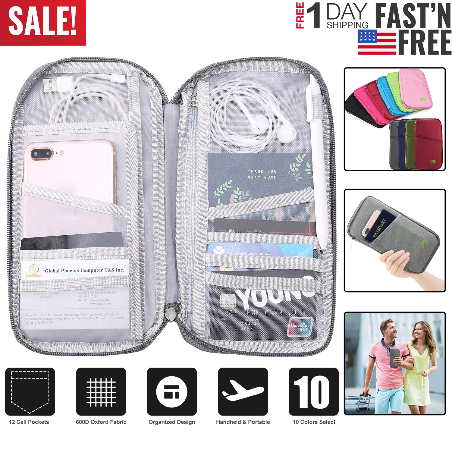 Travel Passport Wallet 12Cells Ticket ID Credit Card Holder Water Repellent
