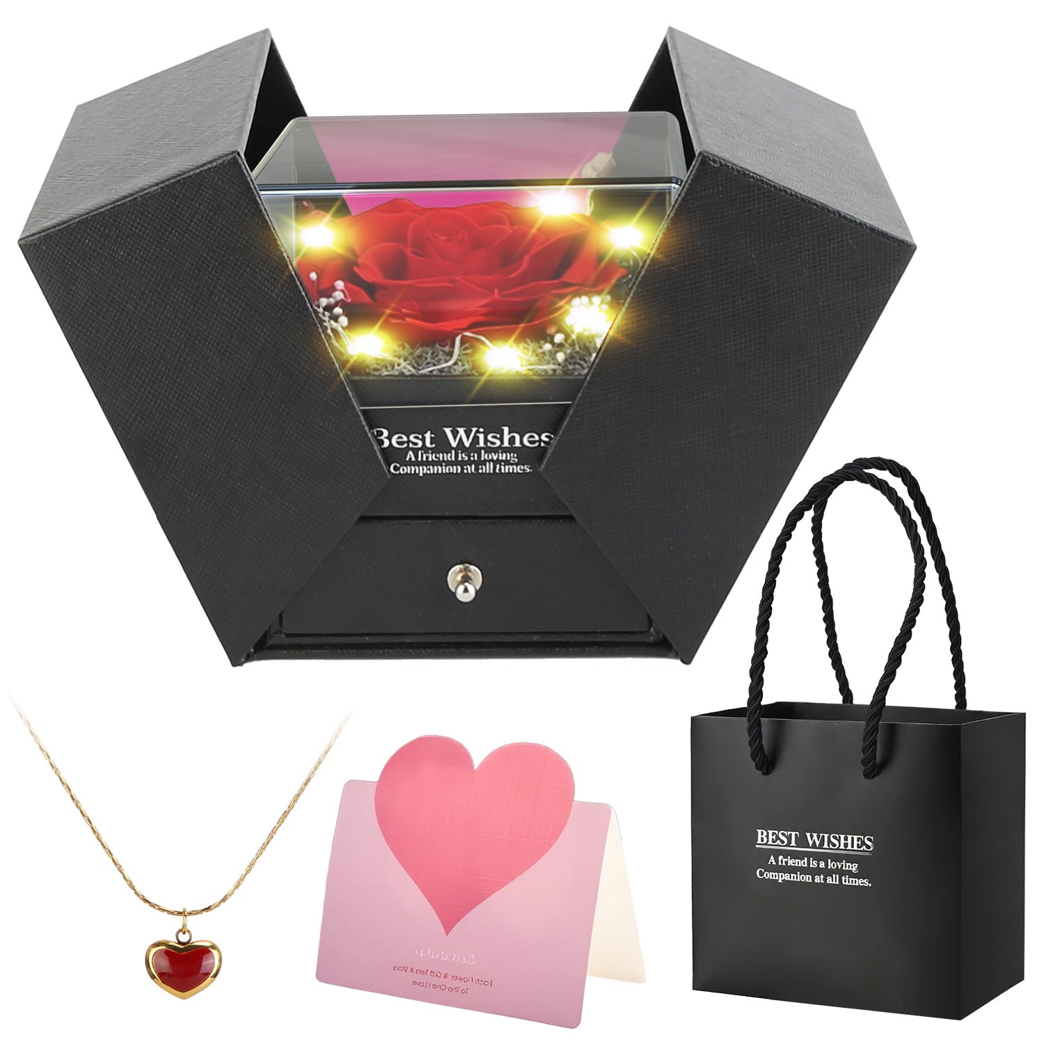 Preserved Red Real Rose with Heart Necklace Eternal Flowers Rose with Golden