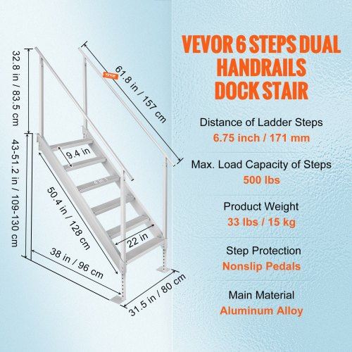 Dock Ladder 43''-51'' Adjustable Height 500 lbs Load Capacity Aluminum A