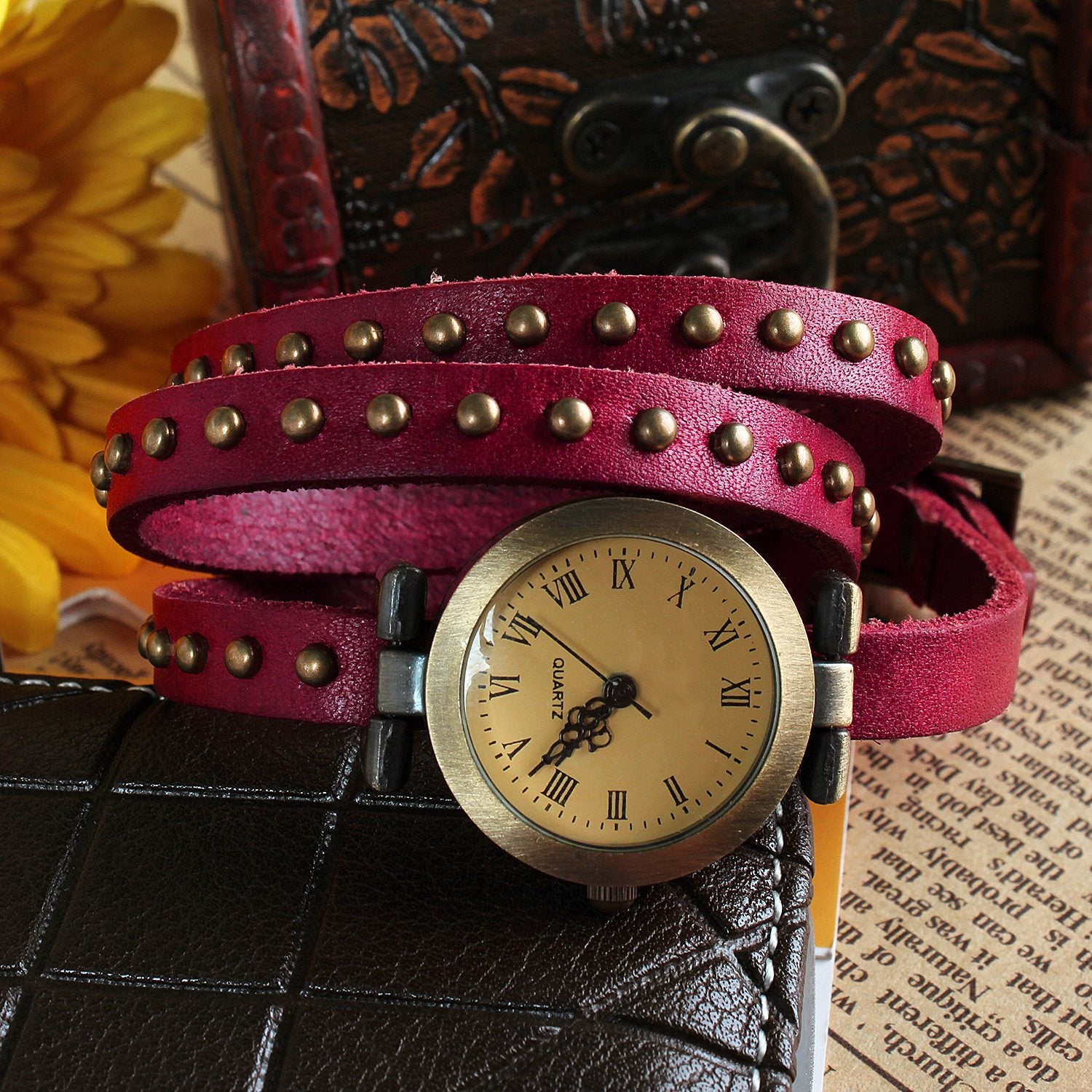 Fashionable Rivet Leather Belt Retro Watch Hand Chain-pink Apparel & Jewelry