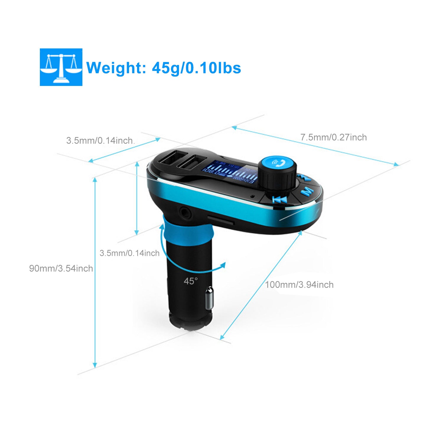 Car Wireless FM Transmitter Dual USB Charger Hands-free Call MP3 Player Aux-in