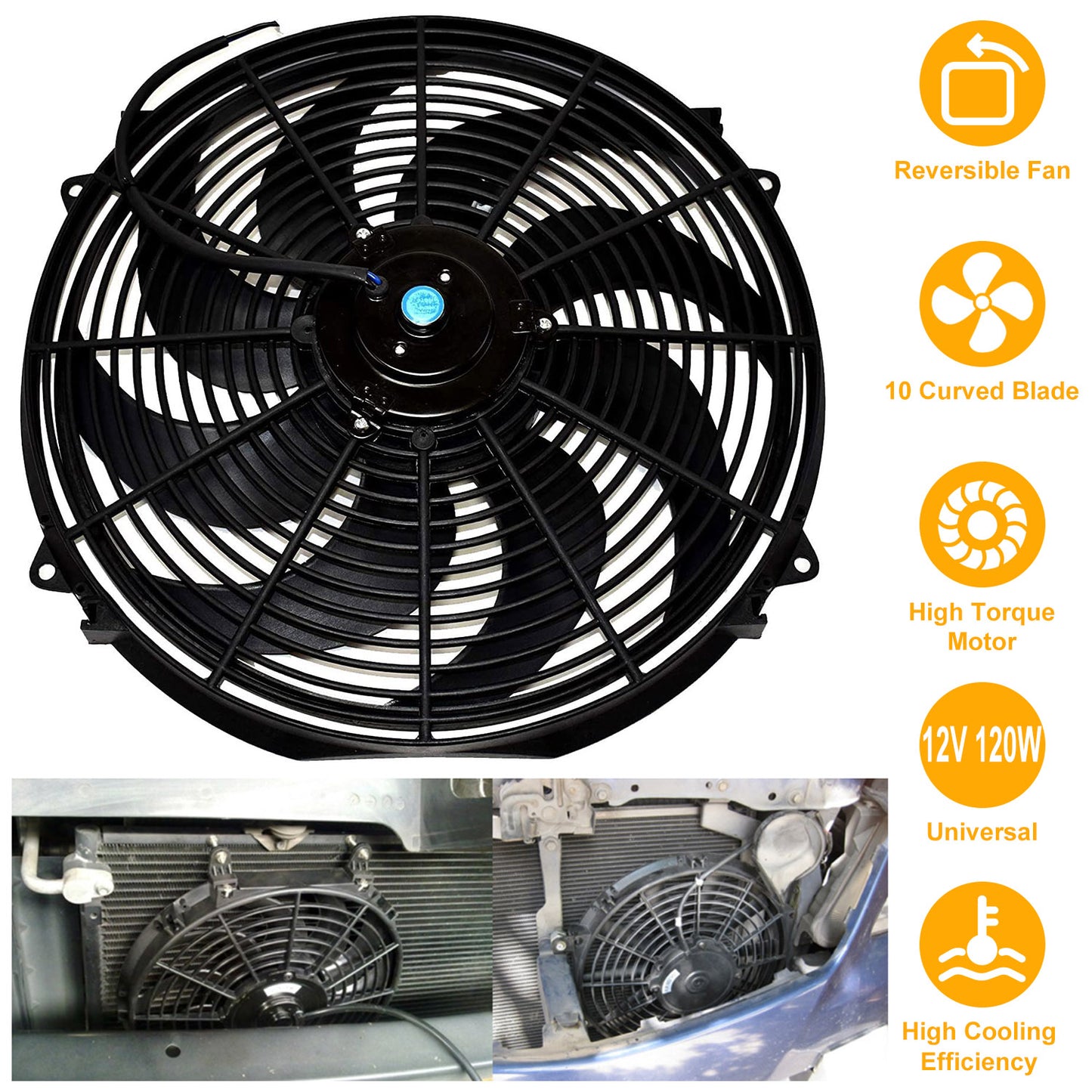 16 Inch Electric Radiator Cooling Fan 12V 120W 10 Blades Car Thermostat Kit w/
