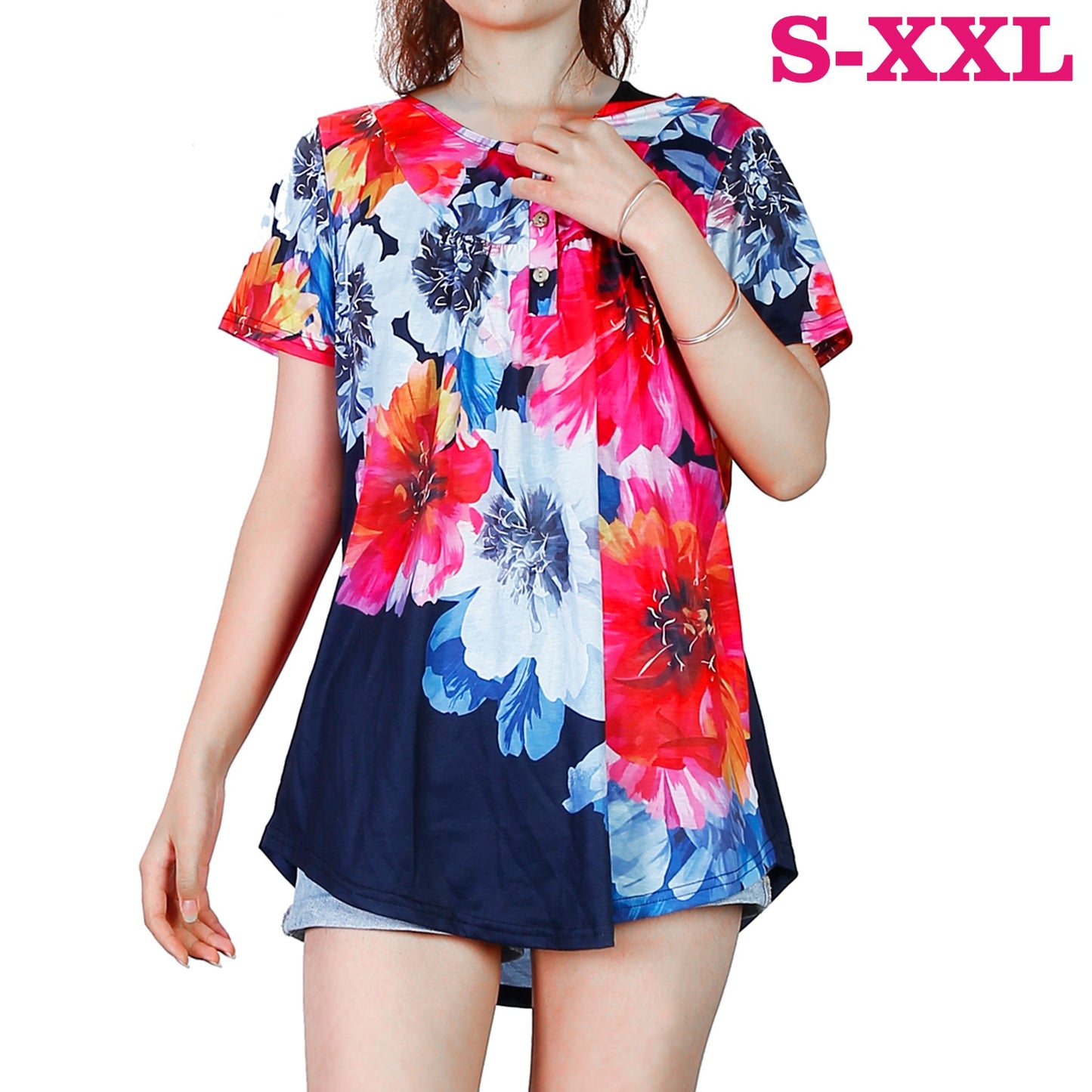 Women Summer Shirts Tops Loose Short Sleeve T Shirts Casual Floral Printed