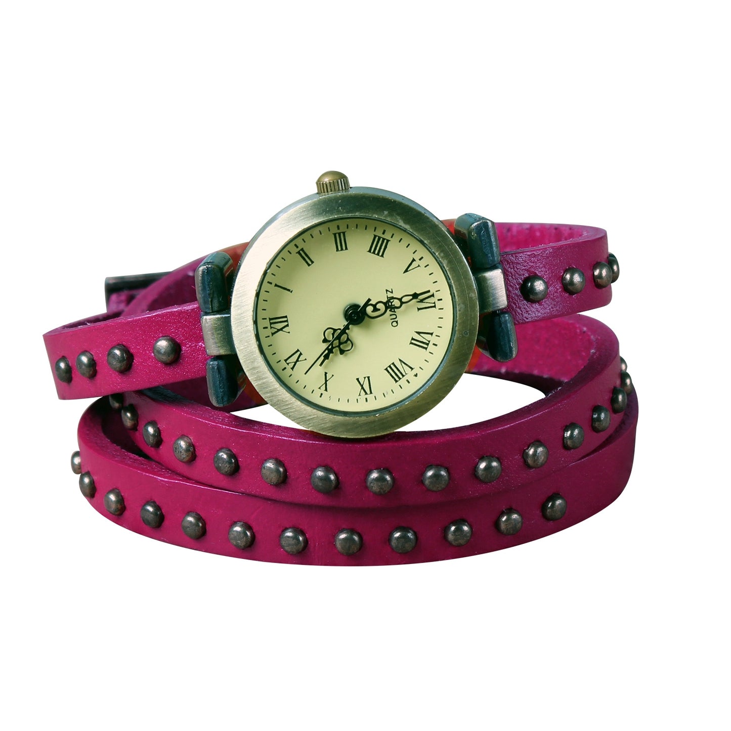 Fashionable Rivet Leather Belt Retro Watch Hand Chain-pink Apparel & Jewelry