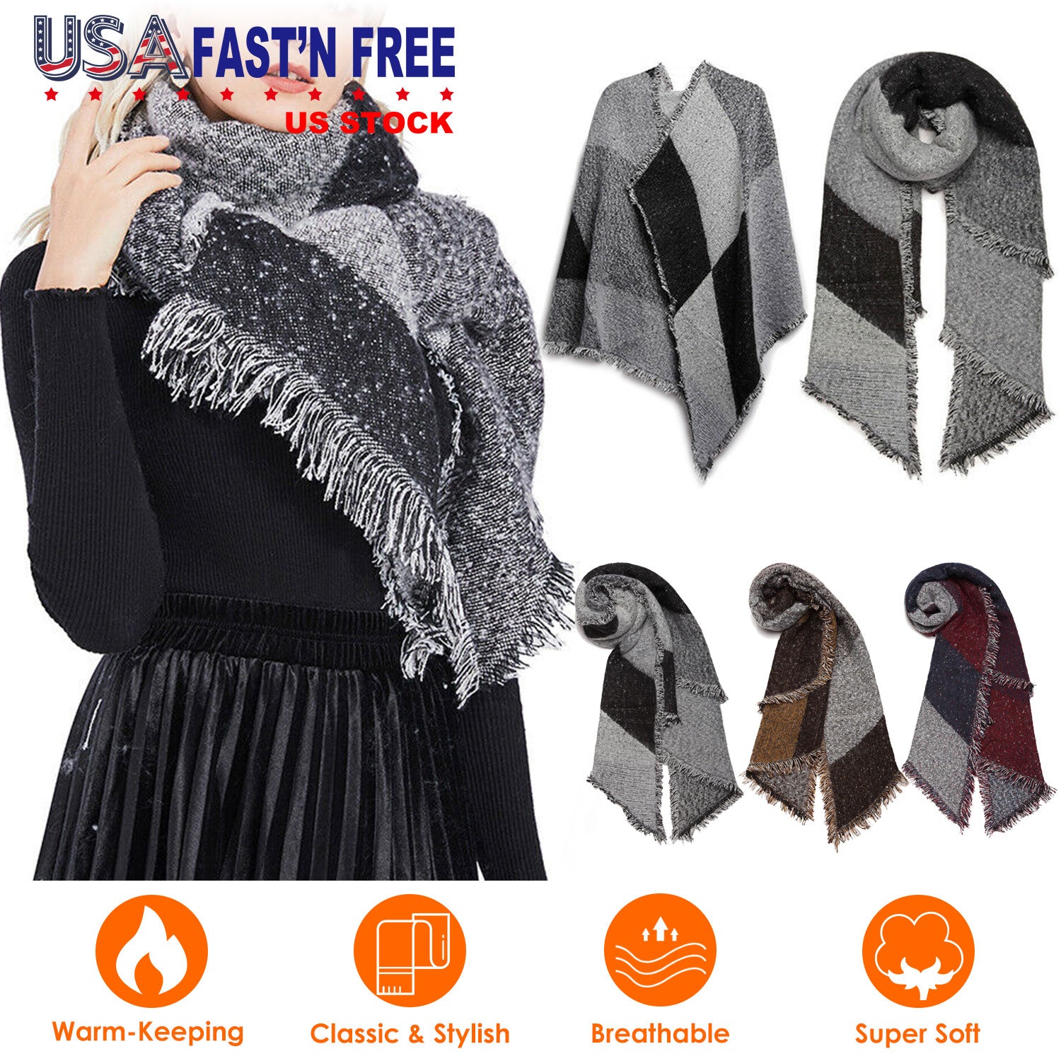 Women Winter Warm Scarf 74.8x25.6In Long Soft Knitted Shawl Extra Thick Plaid