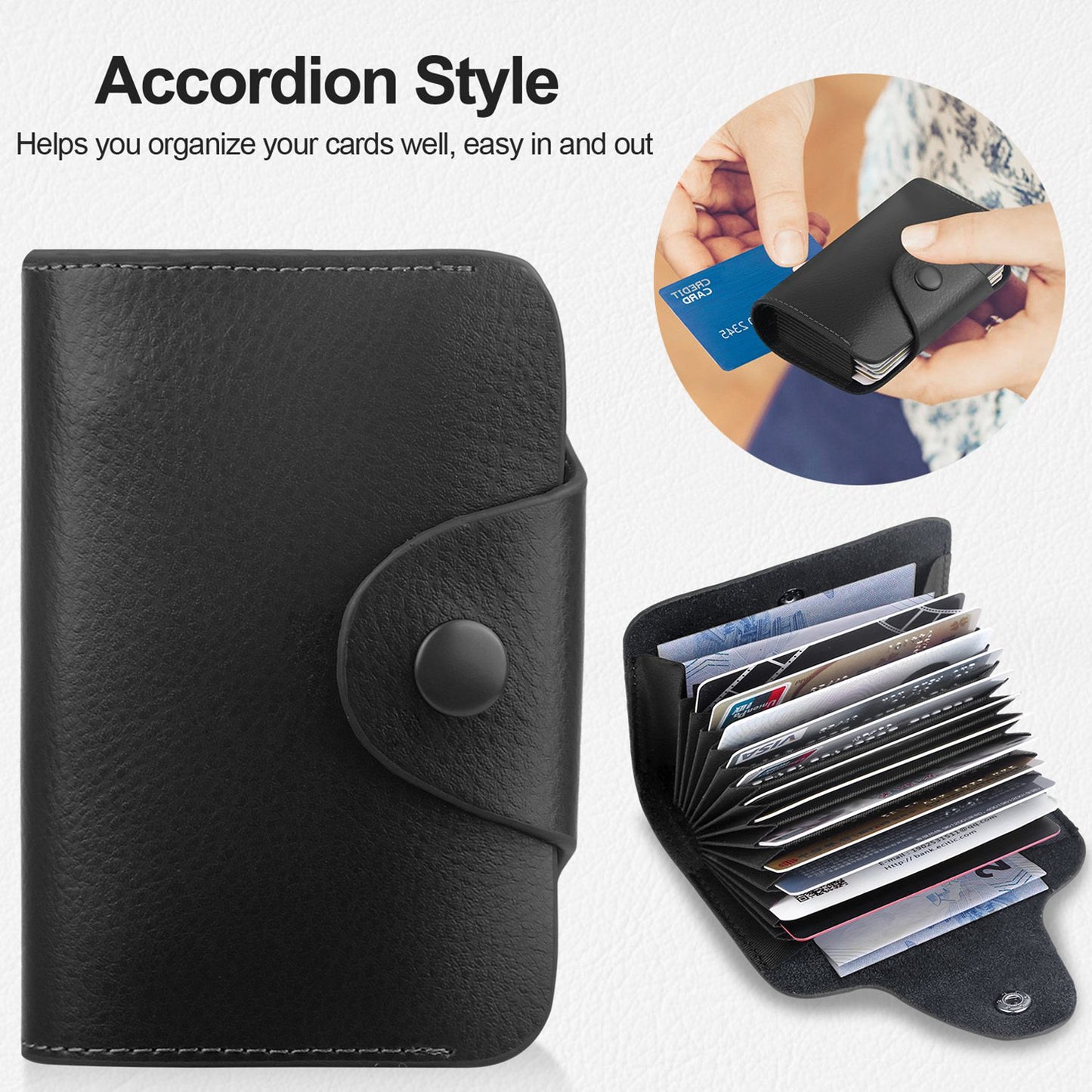 Credit Card Holder Wallet PU Leather Snap Closure Purse Accordion Case with 12