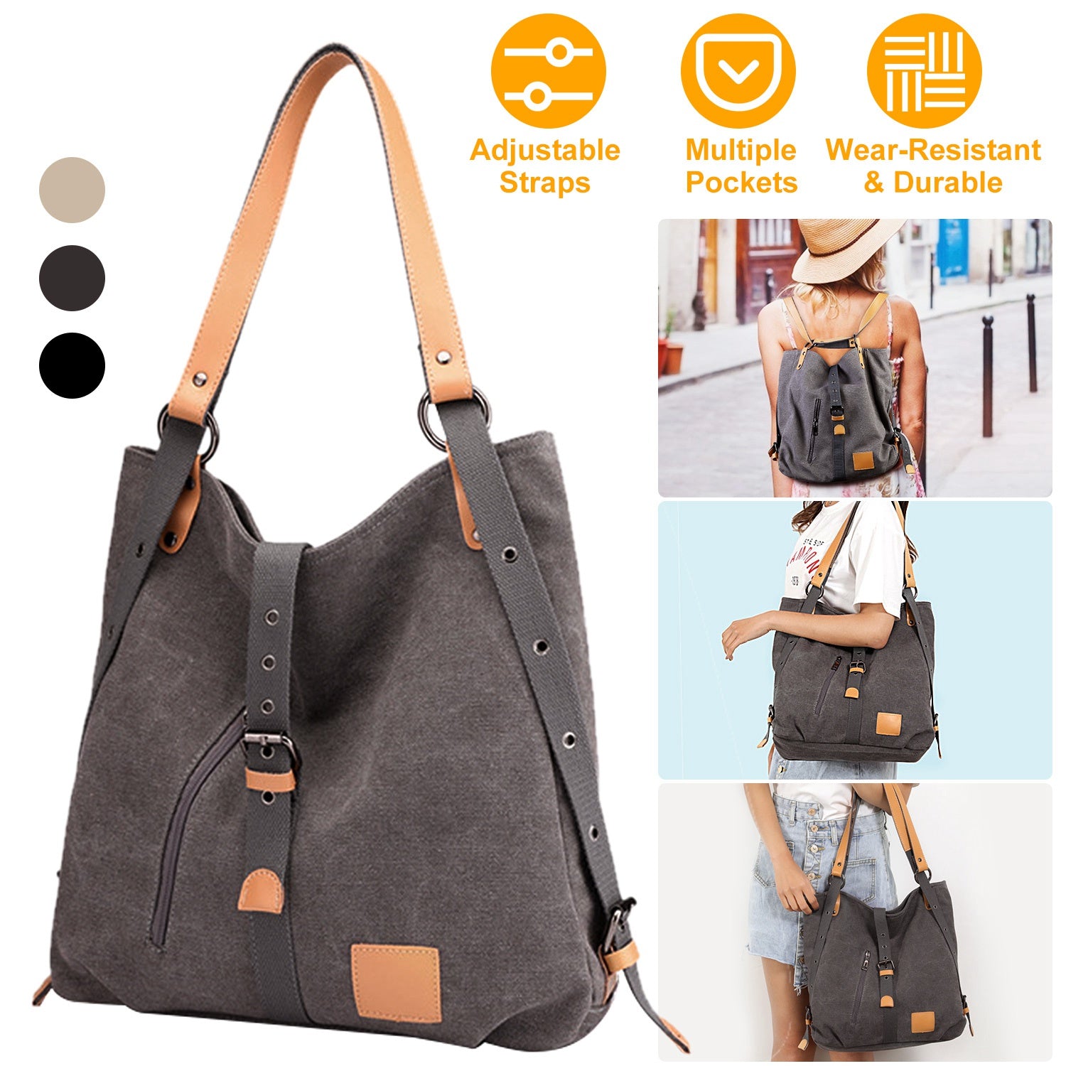 Ladies Canvas Tote Bag Multifunctional Purse Handbag Adjustable Shoulder