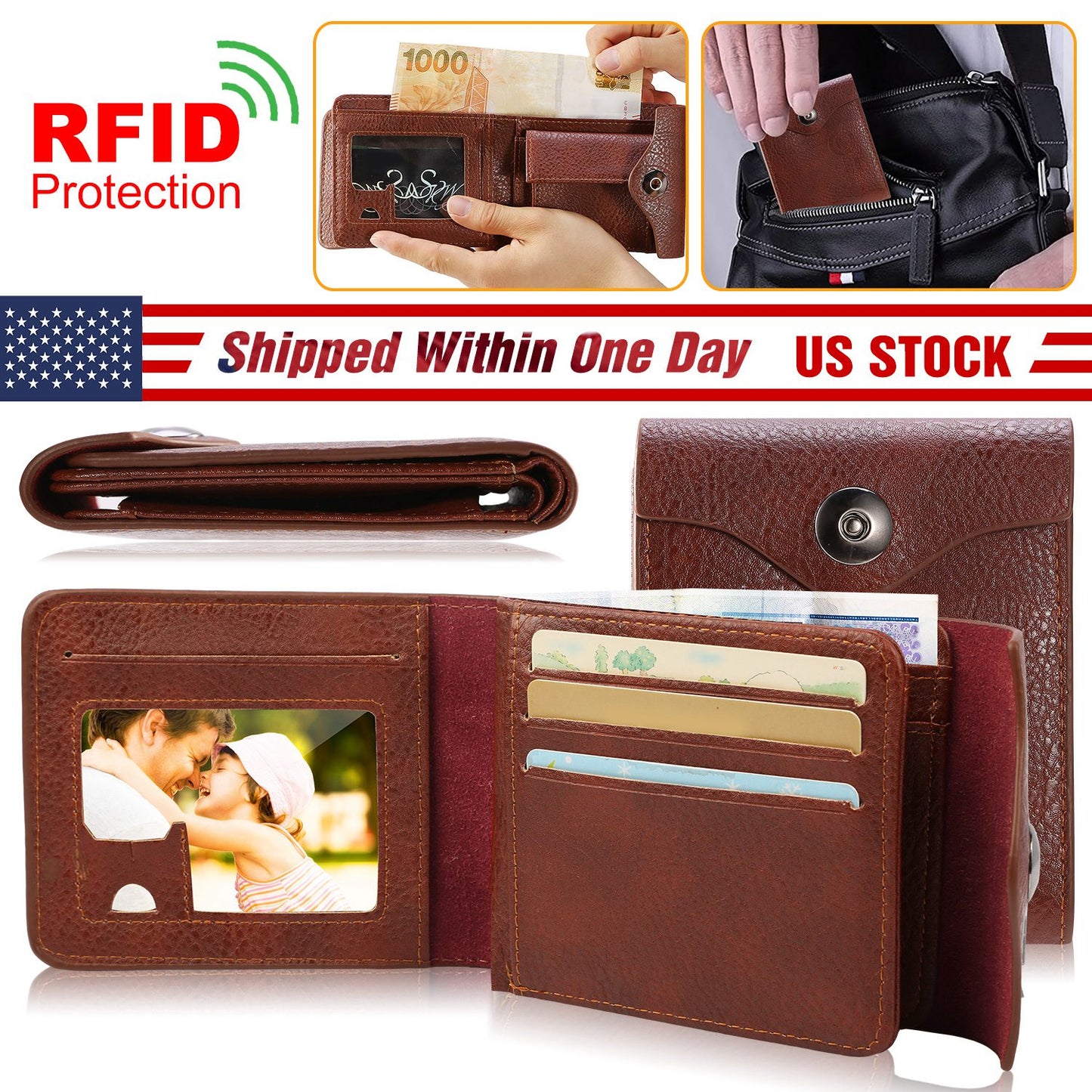 Men’s Wallet PU Leather Bifold Purse Slim RFID Blocking Card Holder Cases w/ 2