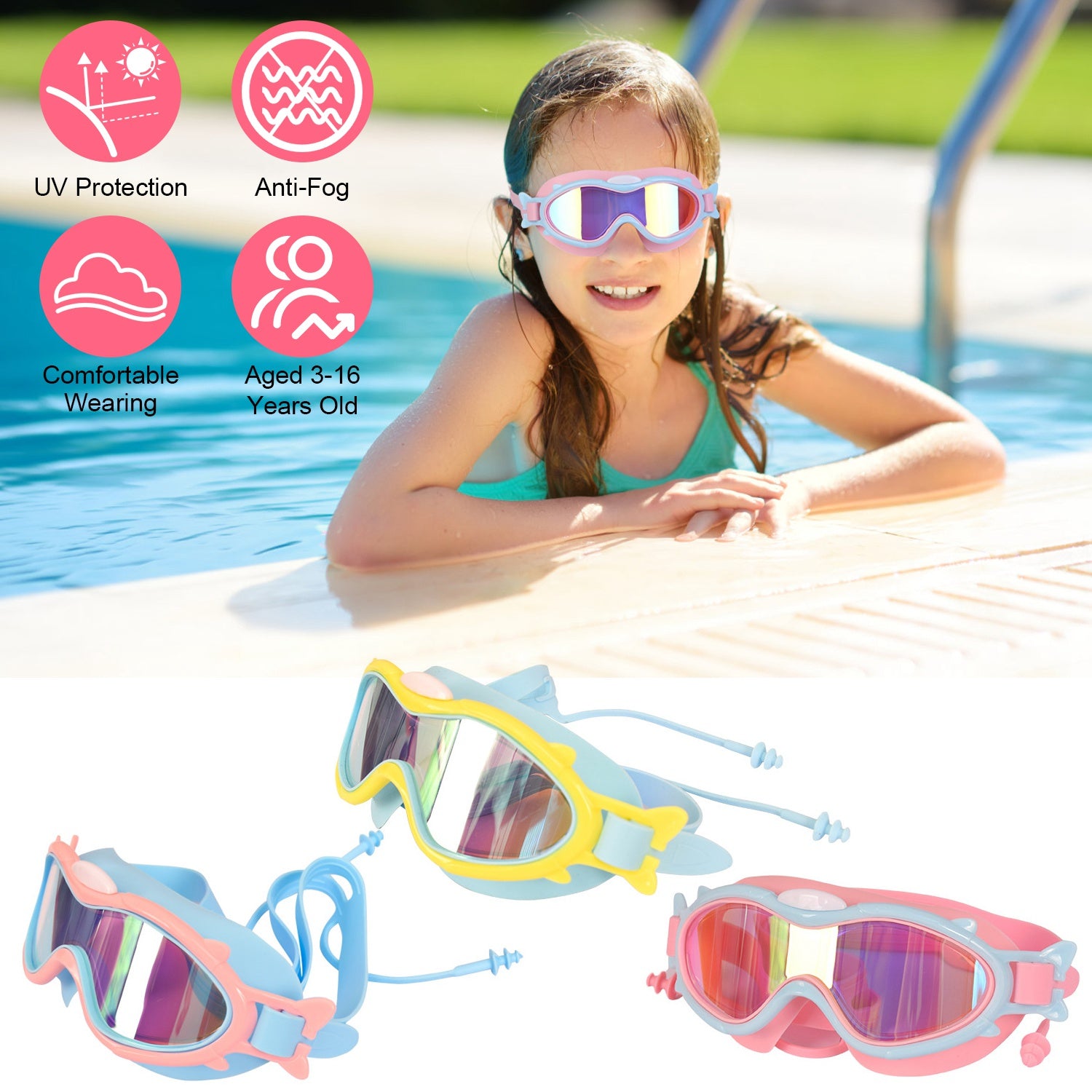 Kids Swim Goggles With Ear Plugs UV Protection Anti-Fog Leak Proof Wide View