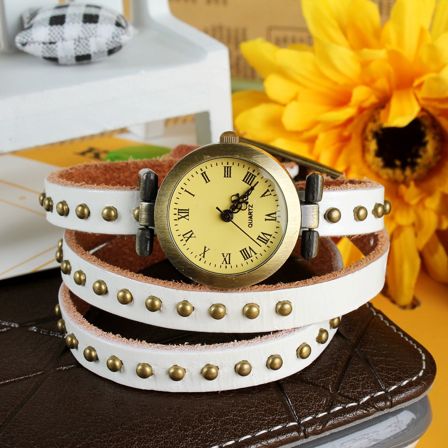 Fashionable Rivet Leather Belt Retro Watch Hand Chain-white Apparel & Jewelry