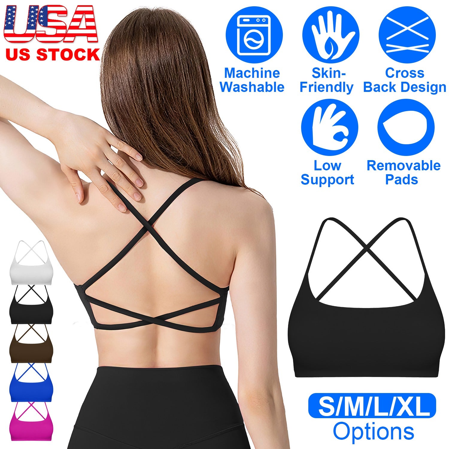 Women Cross Back Sport Bras Padded Strappy Crop Open Back Low Impact Bras Sexy
