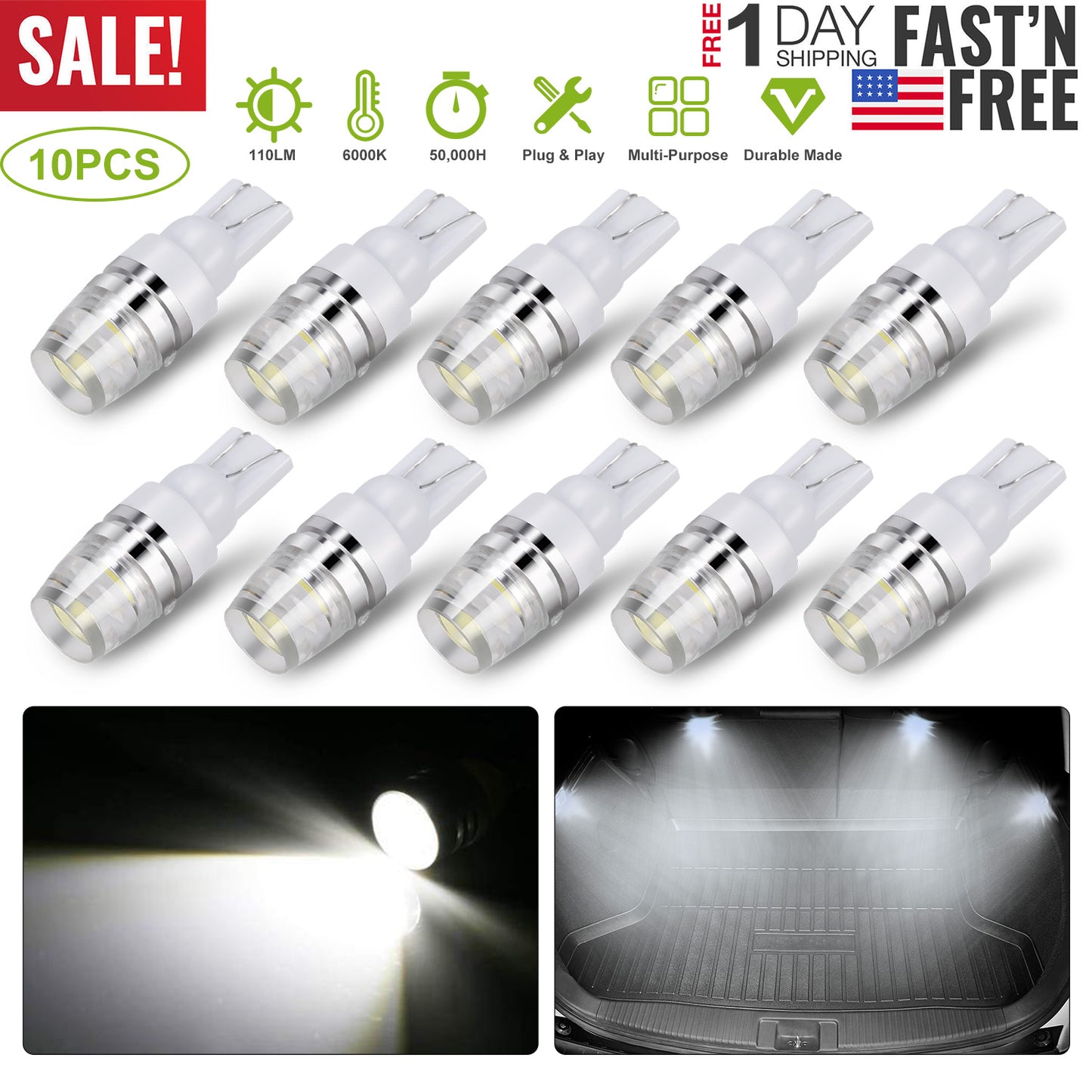 10PCS T10 LED Bulbs 194 LED Lights 12V 1W 5730 Xenon White Wedge Base LED