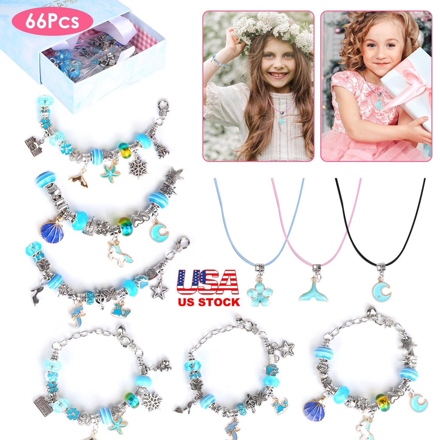 66Pcs Charm Bracelet Making Kit Kids Jewelry Necklace Making Kits Colorful