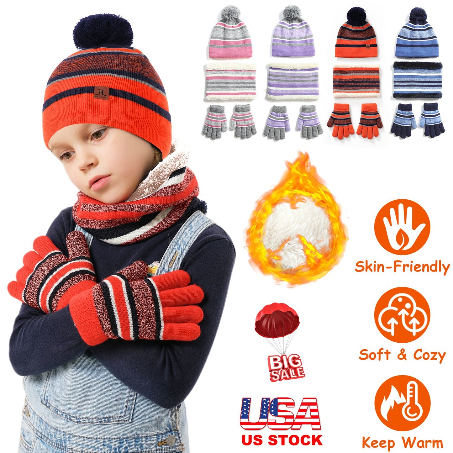 Winter Kids Knitted Hat Scarf Gloves 3Pcs Boys Girls Winter Warm Beanie Hat and