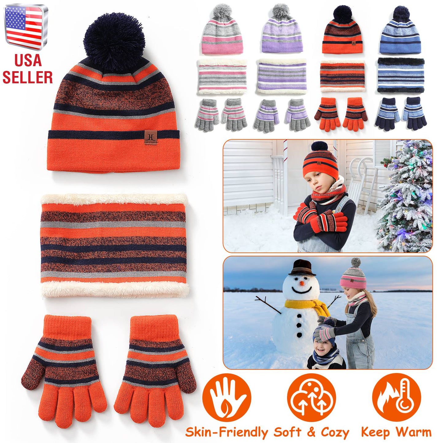 Winter Kids Knitted Hat Scarf Gloves 3Pcs Boys Girls Winter Warm Beanie Hat and