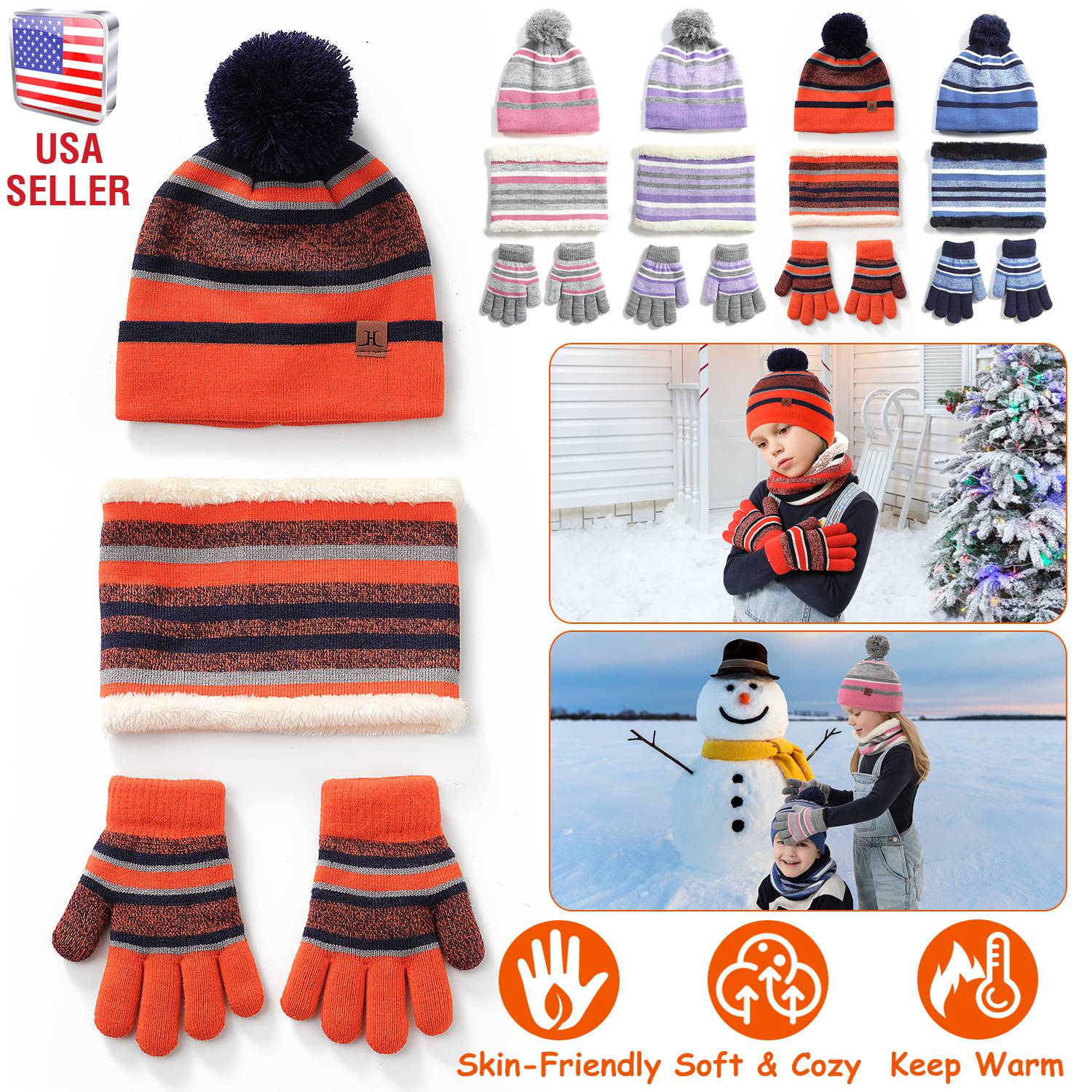 Winter Kids Knitted Hat Scarf Gloves 3Pcs Boys Girls Winter Warm Beanie Hat and