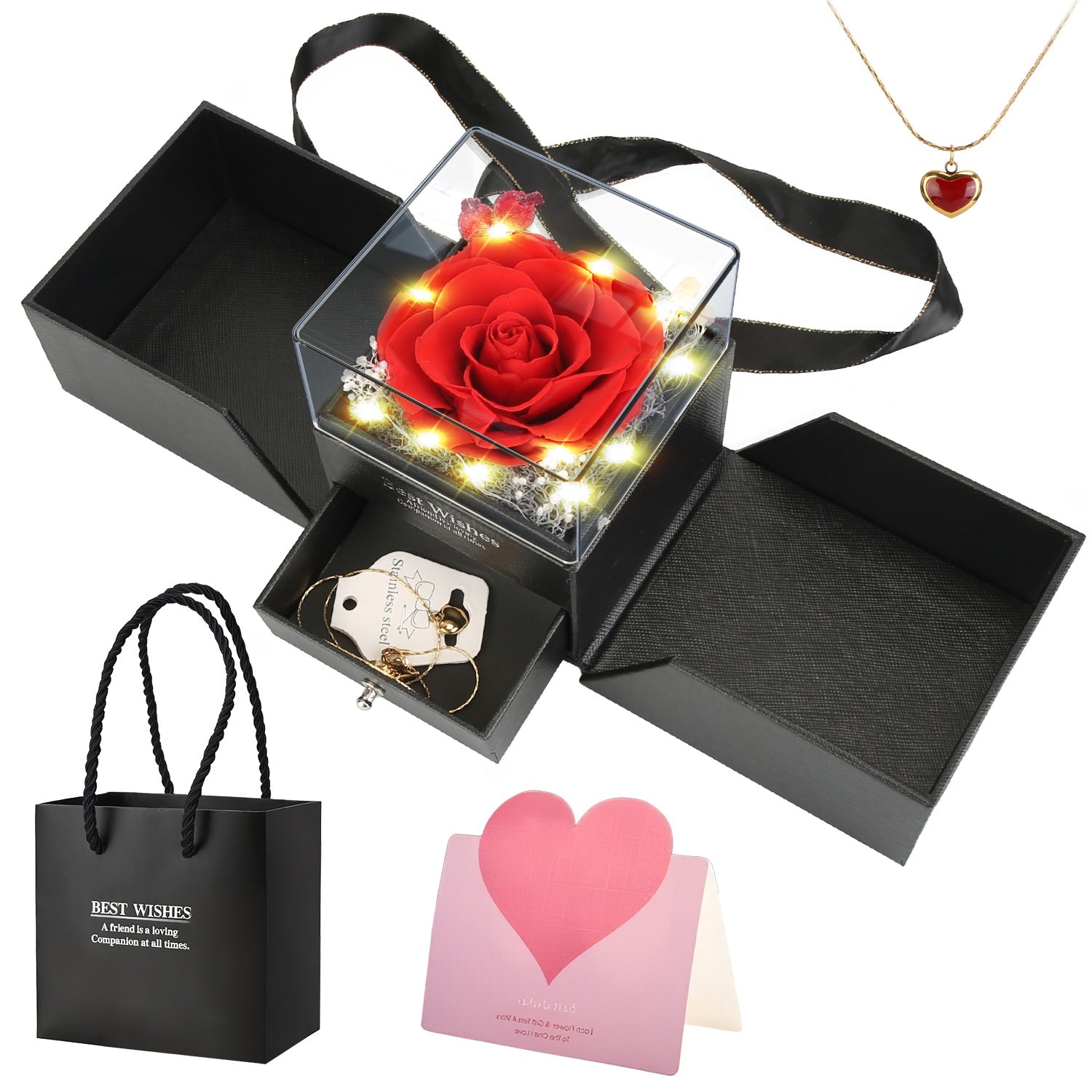 Preserved Red Real Rose with Heart Necklace Eternal Flowers Rose with Golden