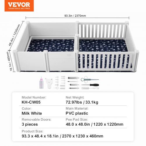 Dog Whelping Box 93.3 x 48.4 x 18.1in Dual Zone PVC with Rails Pee Pad