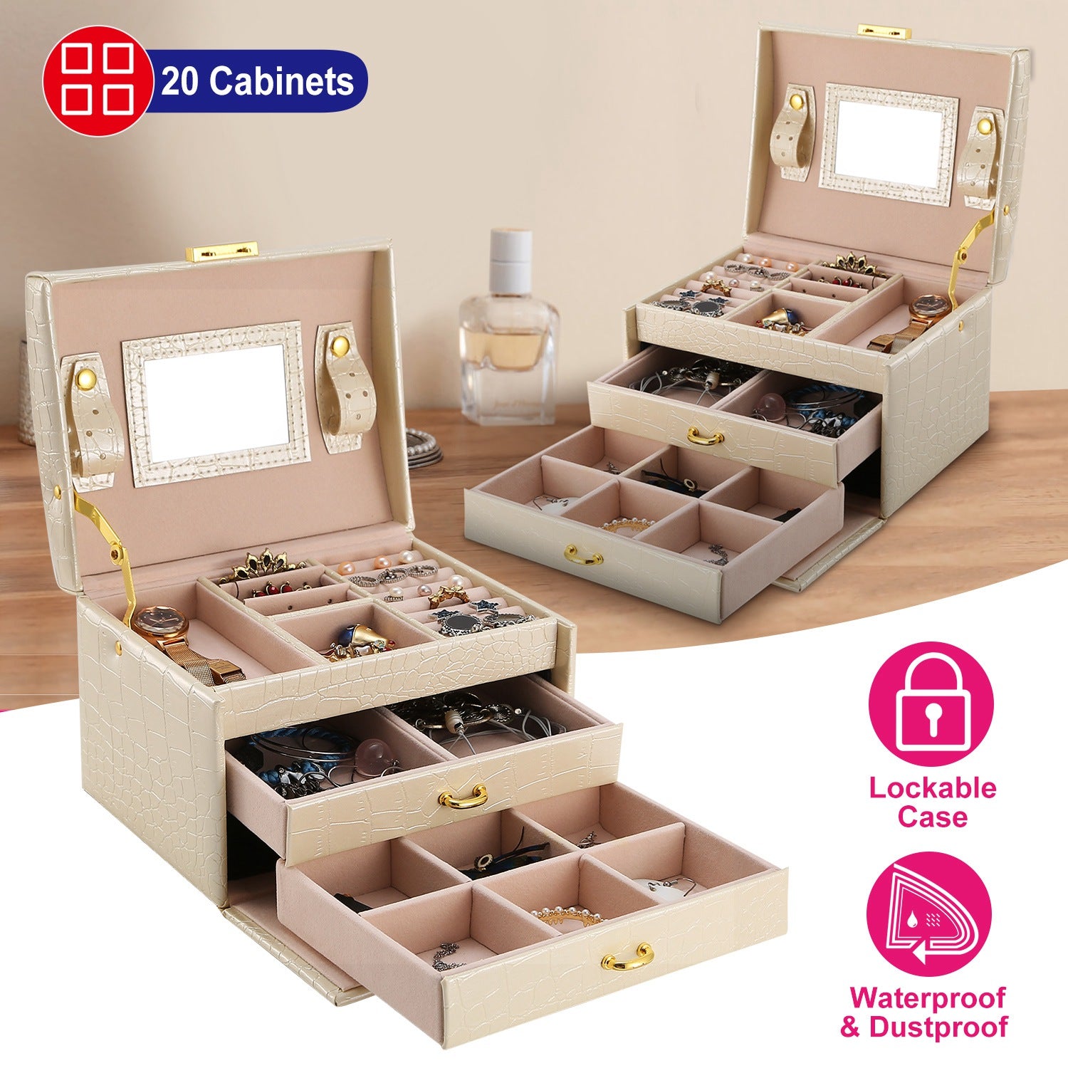 Jewelry Case Organizer 3-layer Lockable Travel Jewelry Box PU Leather Storage