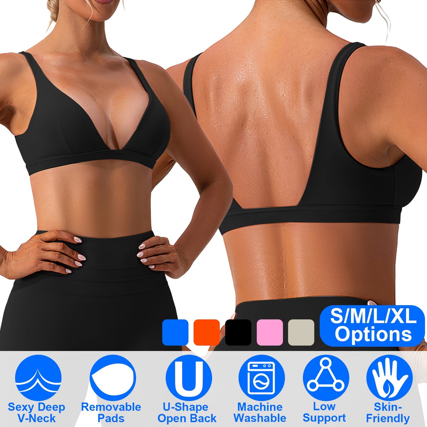 Women Deep V-Neck Sports Bras U-Shaped Back Sport Bras Padded Strappy Crop Open