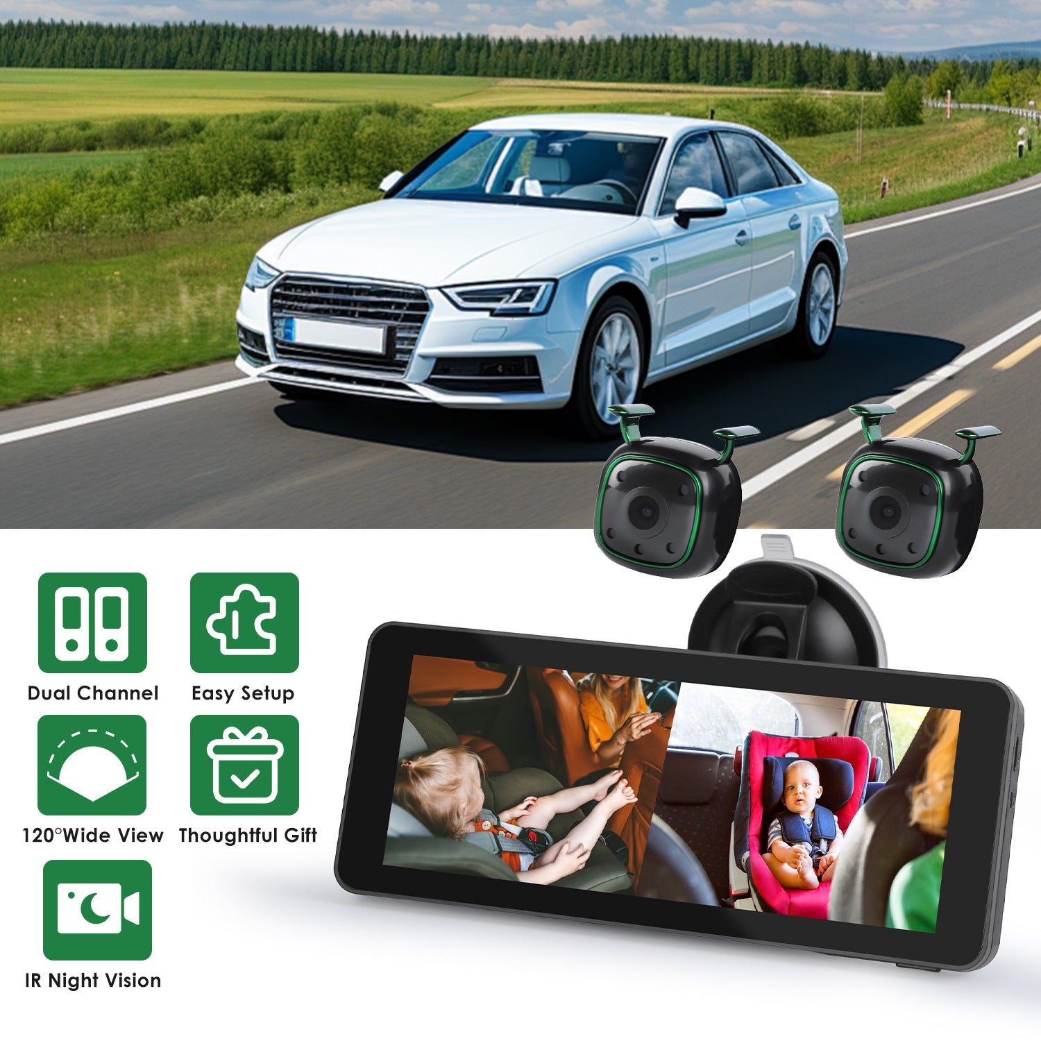 1080P Baby Car Camera for 2 Kids Dual Channel Car Baby Monitor Rear Facing Car