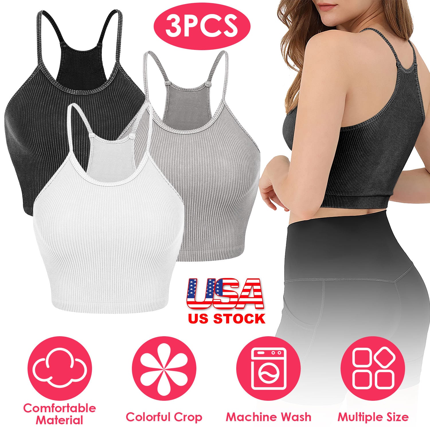 3 Pack Women Crop Basic Tank Top Ribbed Knit Sleeveless Round Neck 9 Color
