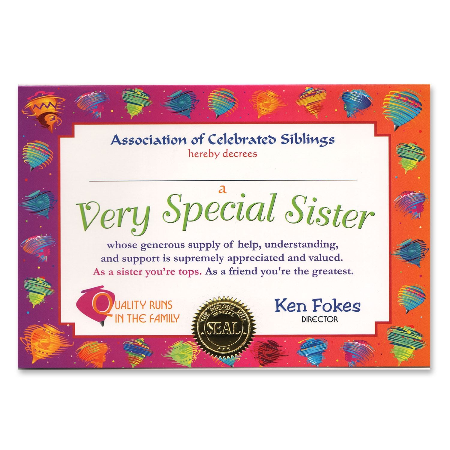 Beistle Very Special Sister Certificate - General Occasion | Party Supply