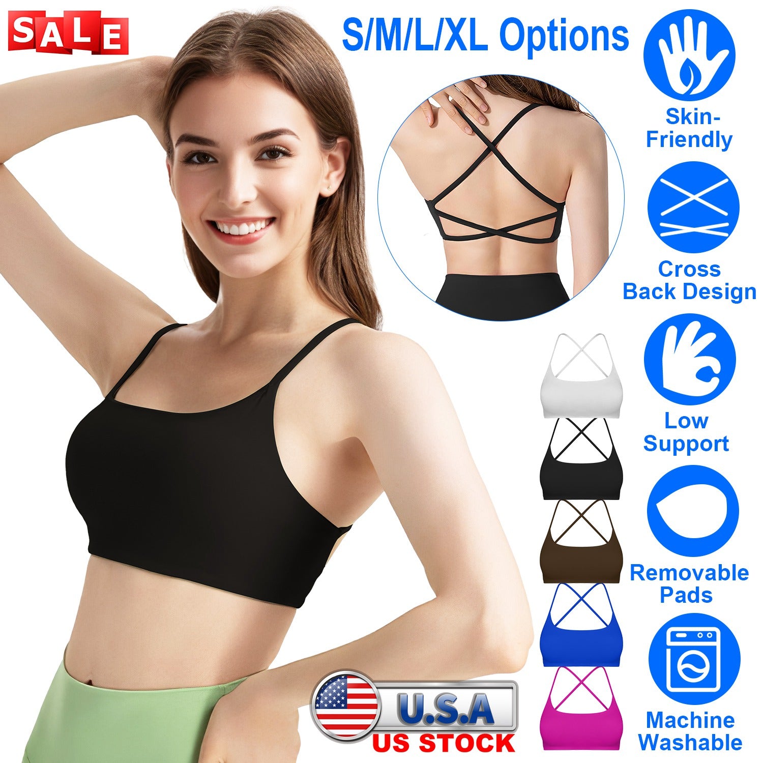 Women Cross Back Sport Bras Padded Strappy Crop Open Back Low Impact Bras Sexy
