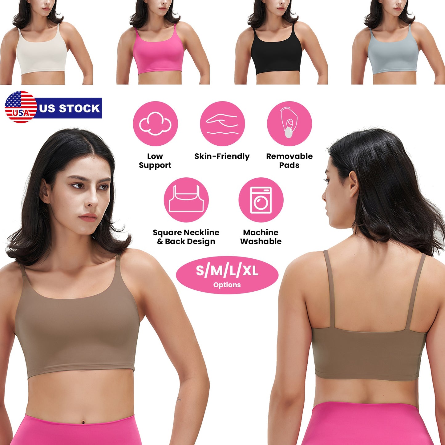 Women Strap Sport Bras Padded Strappy Crop Square Neck Low Impact Bras Sexy