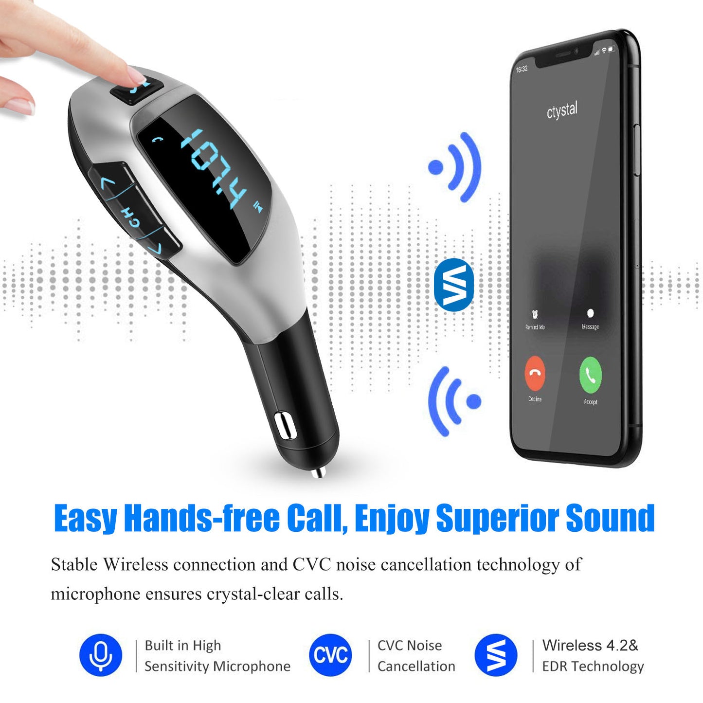Car FM Wireless Transmitter USB Charge Hands-free Call MP3 Player Supports U