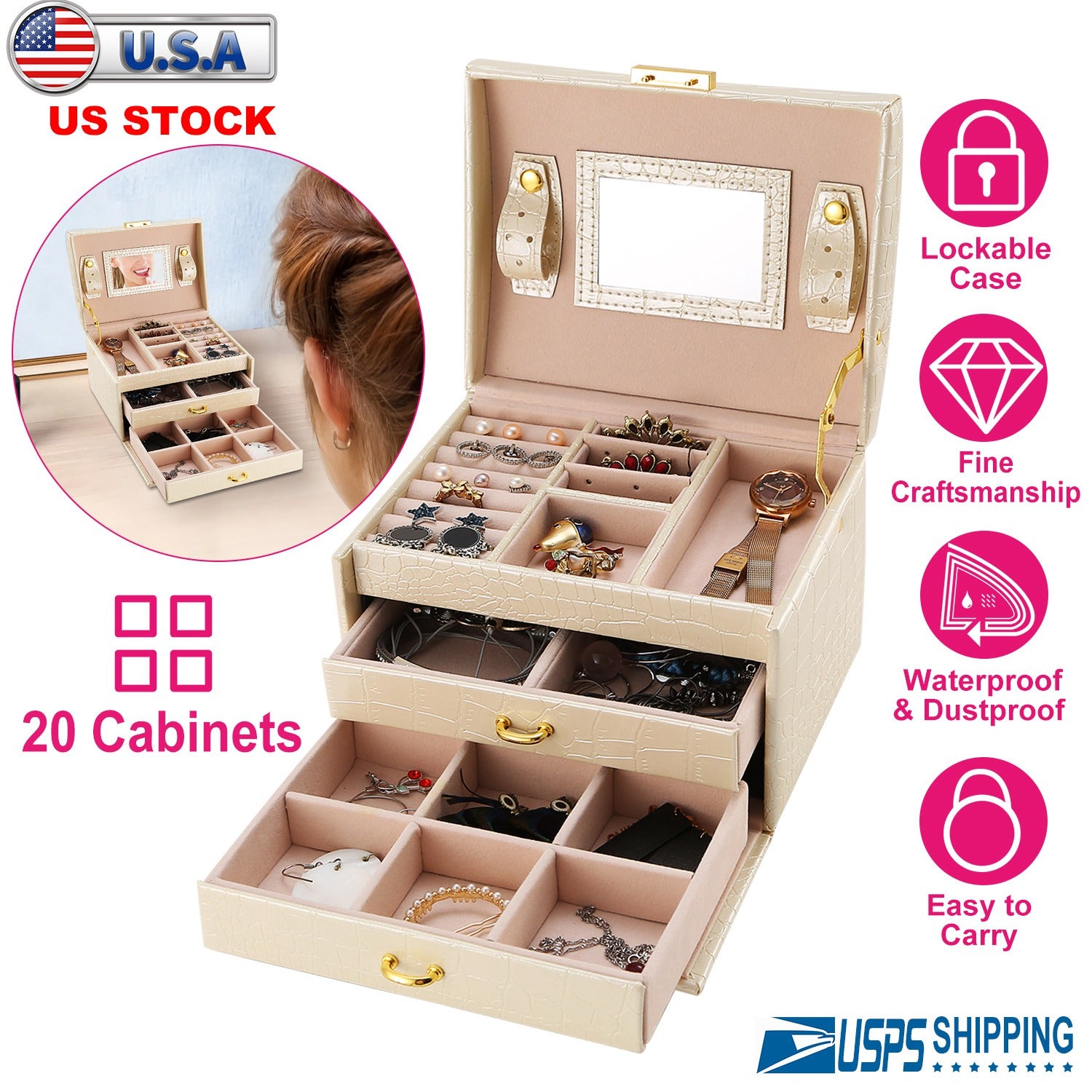 Jewelry Case Organizer 3-layer Lockable Travel Jewelry Box PU Leather Storage