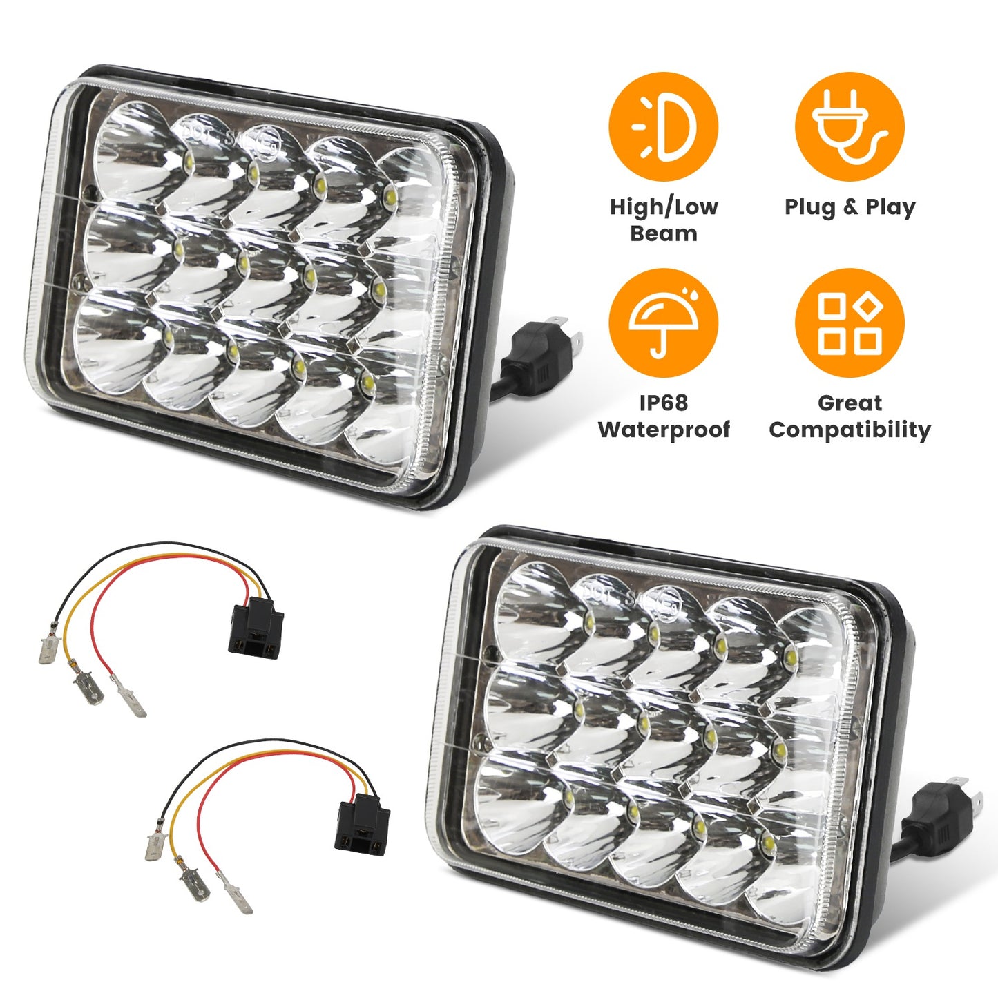 4x6in Car LED Headlights Vehicle Rectangular Headlamp with H4 Socket