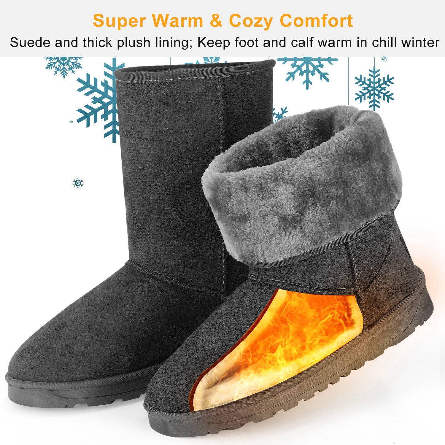 Women Ladies Snow Boots Waterproof Faux Suede Mid-Calf Boots Fur Warm Lining