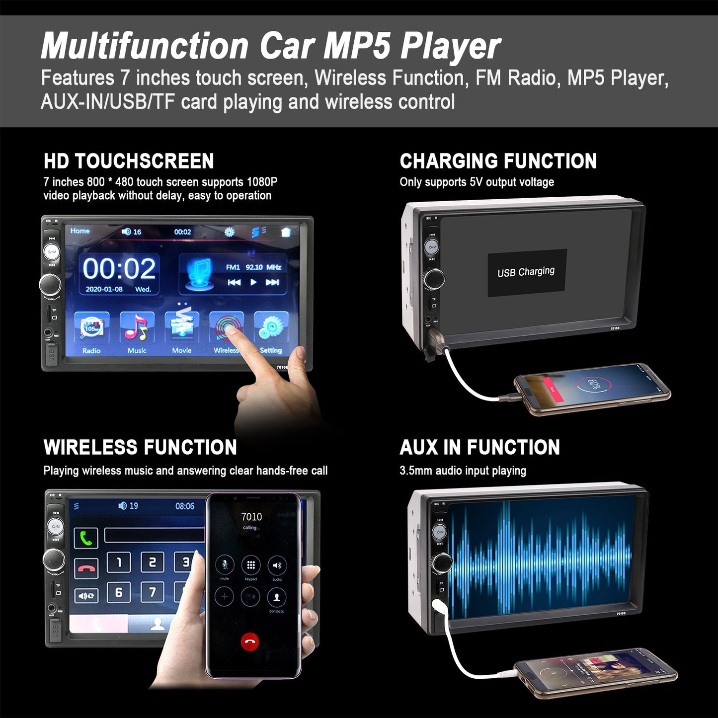 iMounTEK 7 Inches Universal Wireless Car MP5 Player 1080P Video Player Stereo
