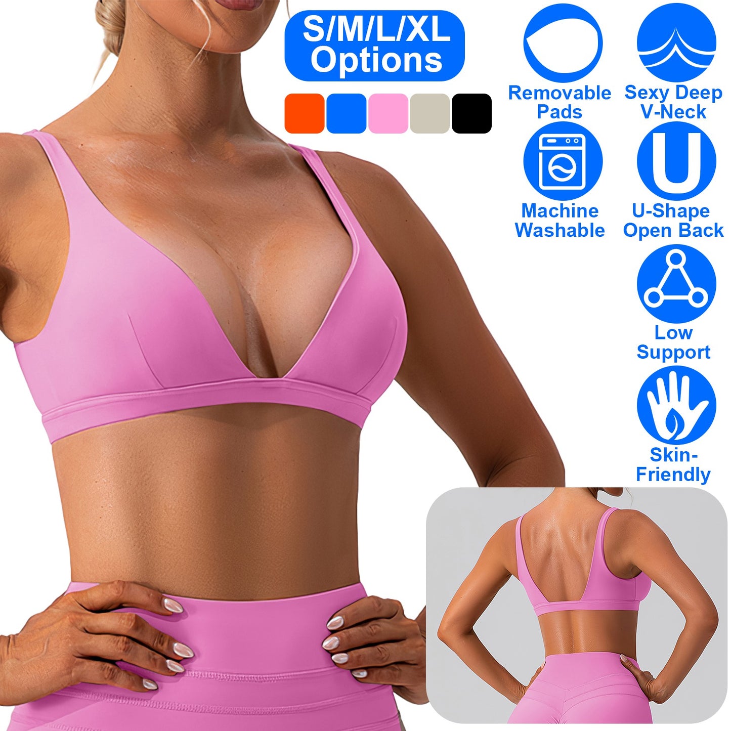 Women Deep V-Neck Sports Bras U-Shaped Back Sport Bras Padded Strappy Crop Open