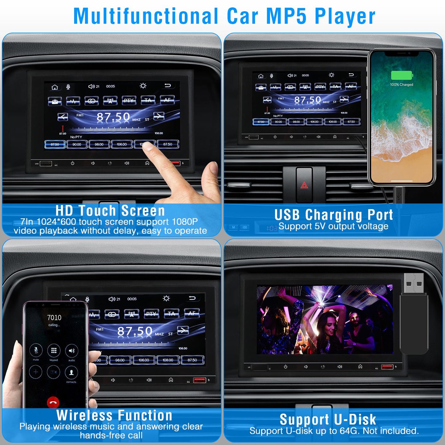 7In Universal Wireless Car MP5 Player 1080P Video Player Stereo Audio FM Radio