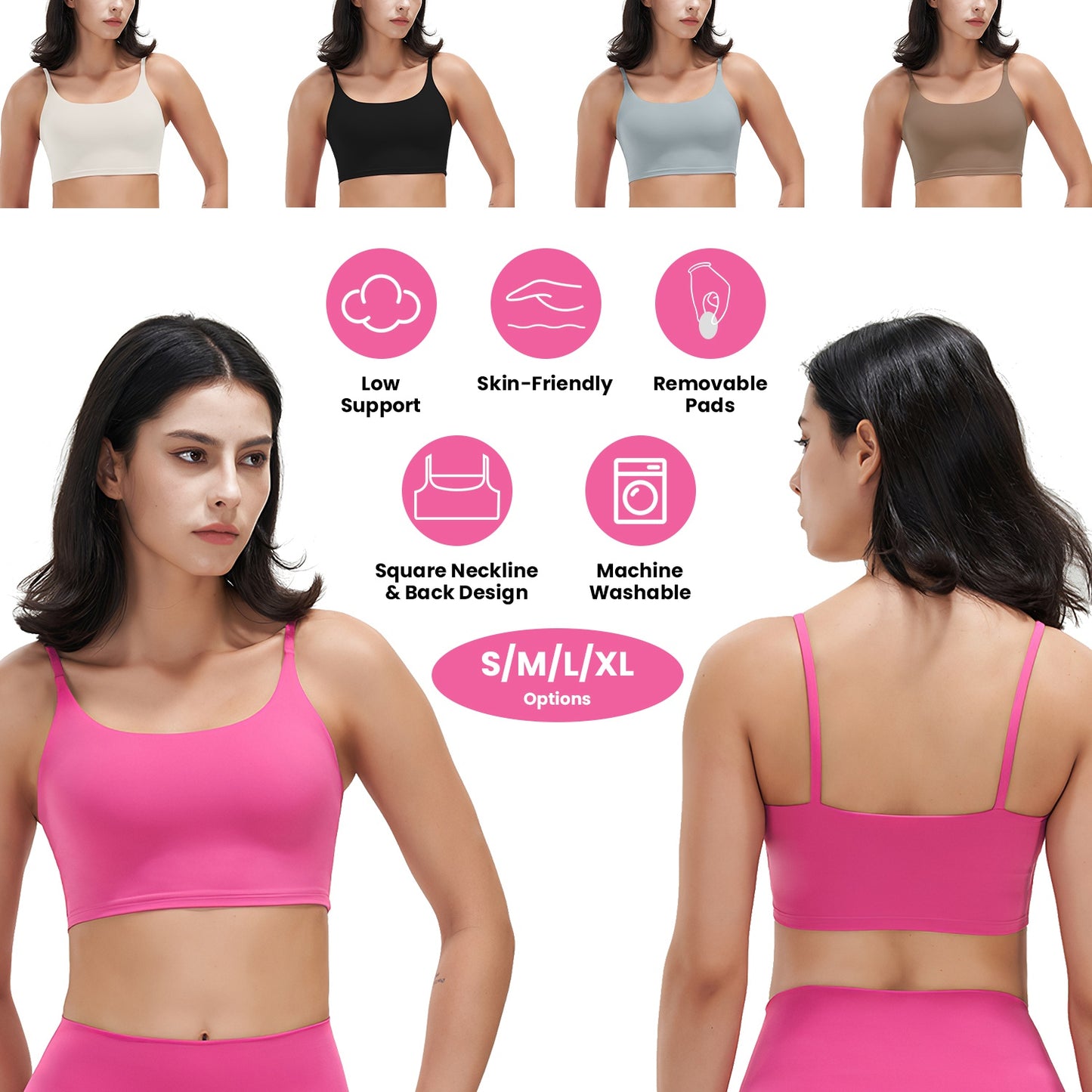 Women Strap Sport Bras Padded Strappy Crop Square Neck Low Impact Bras Sexy