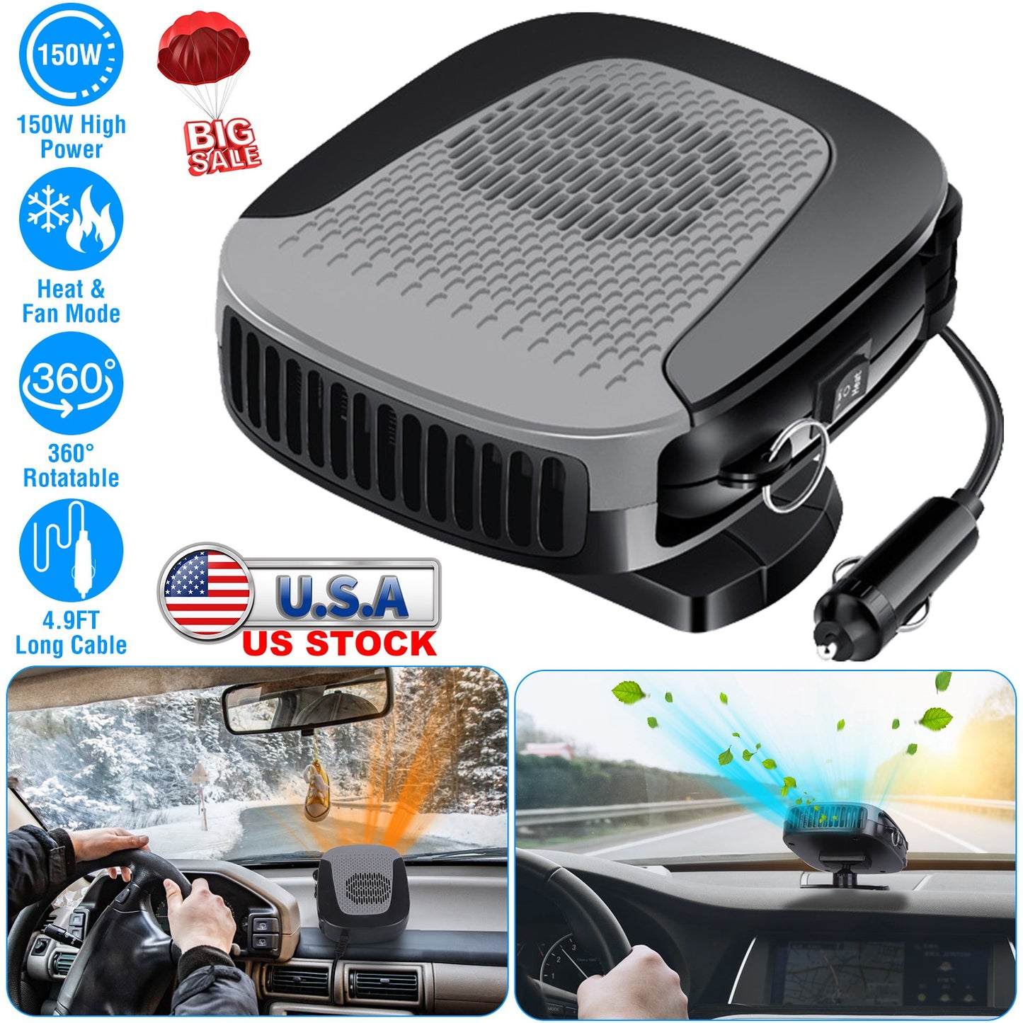 12V 150W Portable Car Auto Heater Heating Fan 2 in 1 Defroster Demister