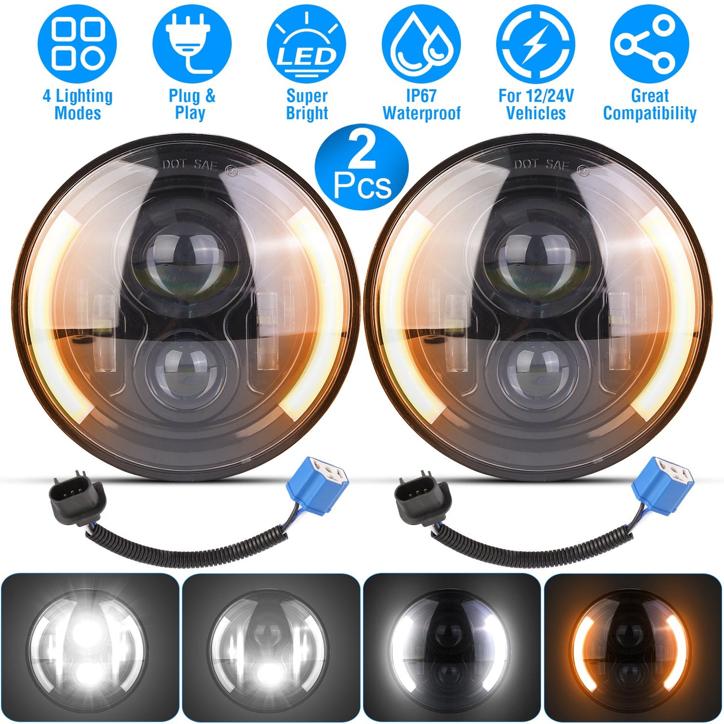 2Pcs 7In 40W Round LED Headlights 3800LM Halo Car Headlamp with DRL Turn Light