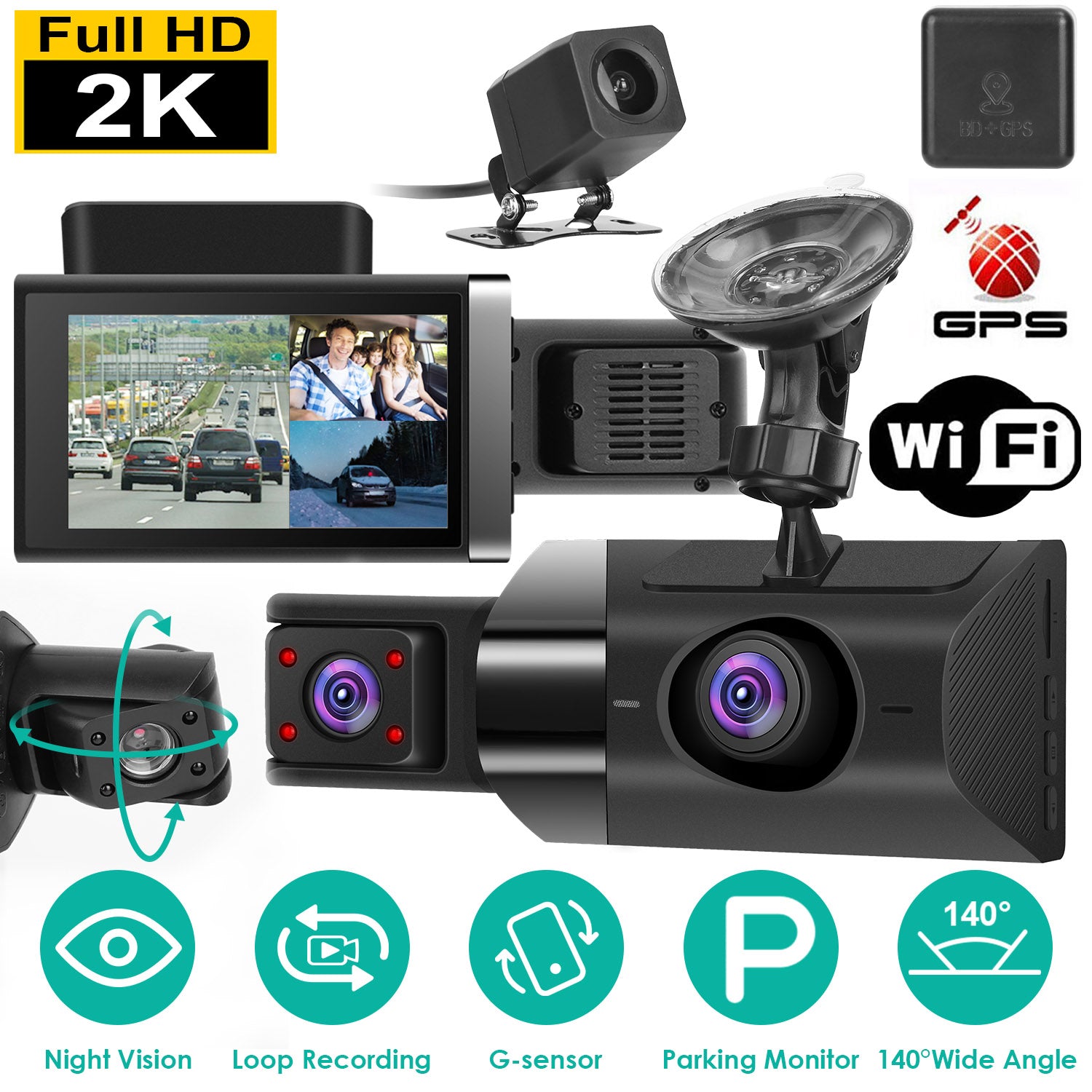 2K Car DVR 3 Channel Dash Cam Camcorder Camera Recorder with 140° Angle GPS