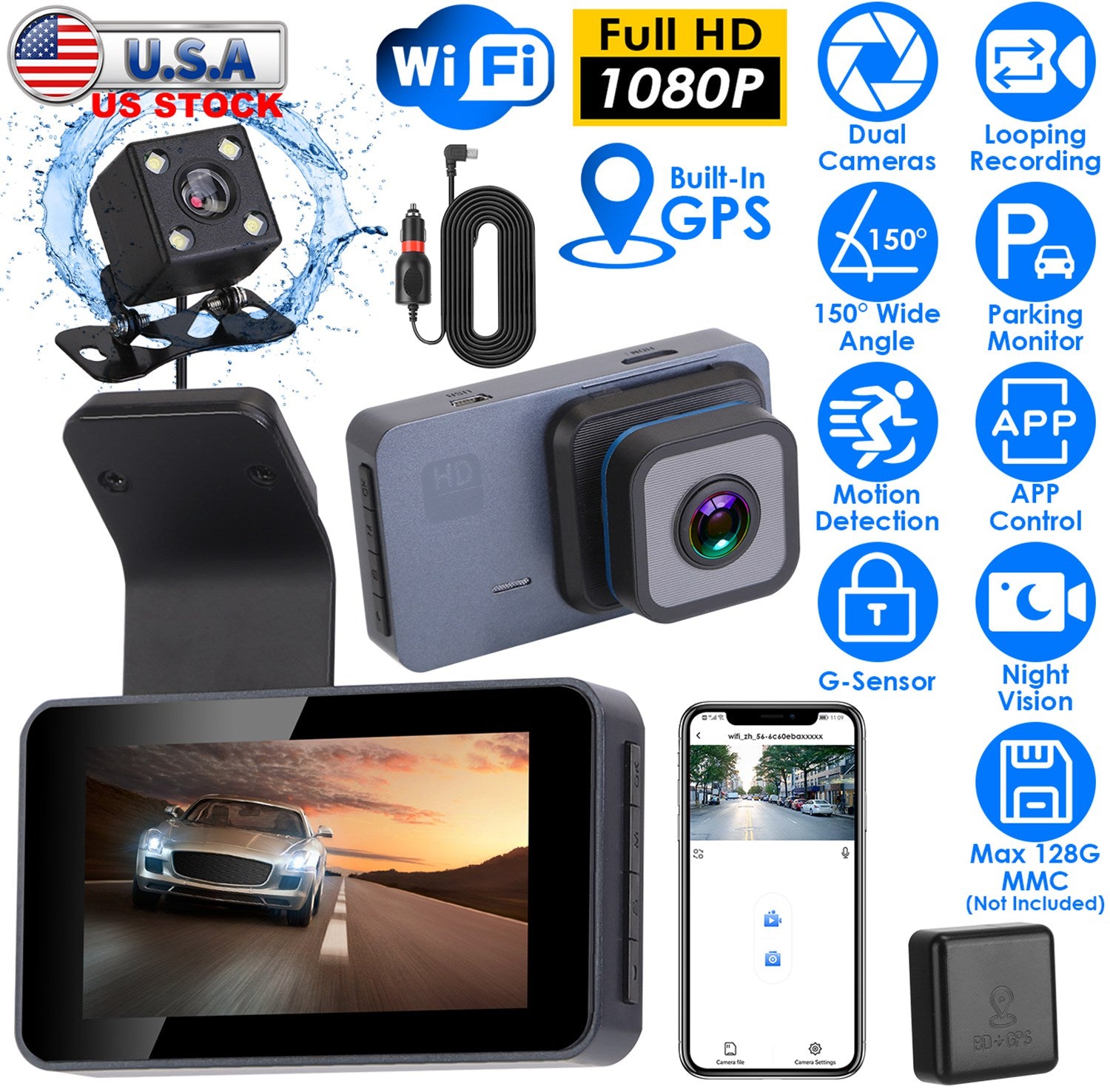 1080P Dual Lens Dash Cam Vehicle Driving Recorder Car DVR with WiFi GPS