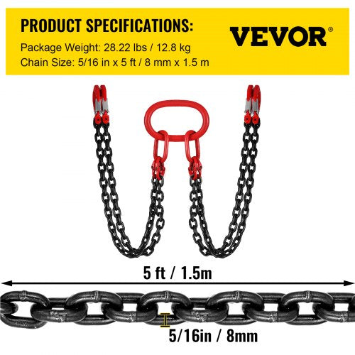 Chain Sling 516 inch x 5 ft Lifting Chains with Hooks G80 Engine Chain